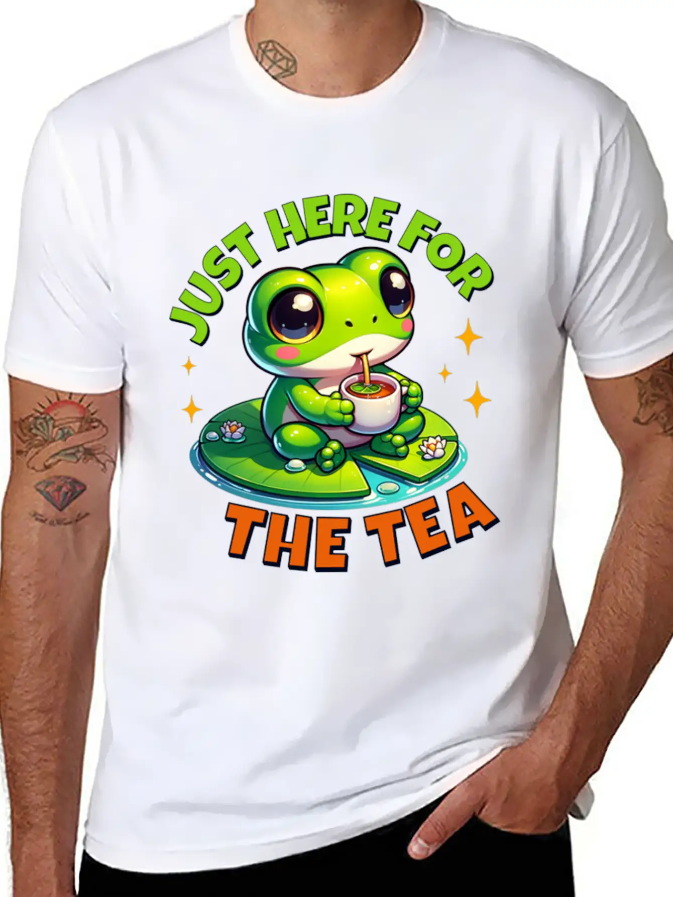 Cute Frog T ShirtJust Here For The Tea Stylish Everyday T-Shirt – Unisex Basic Cotton Tee