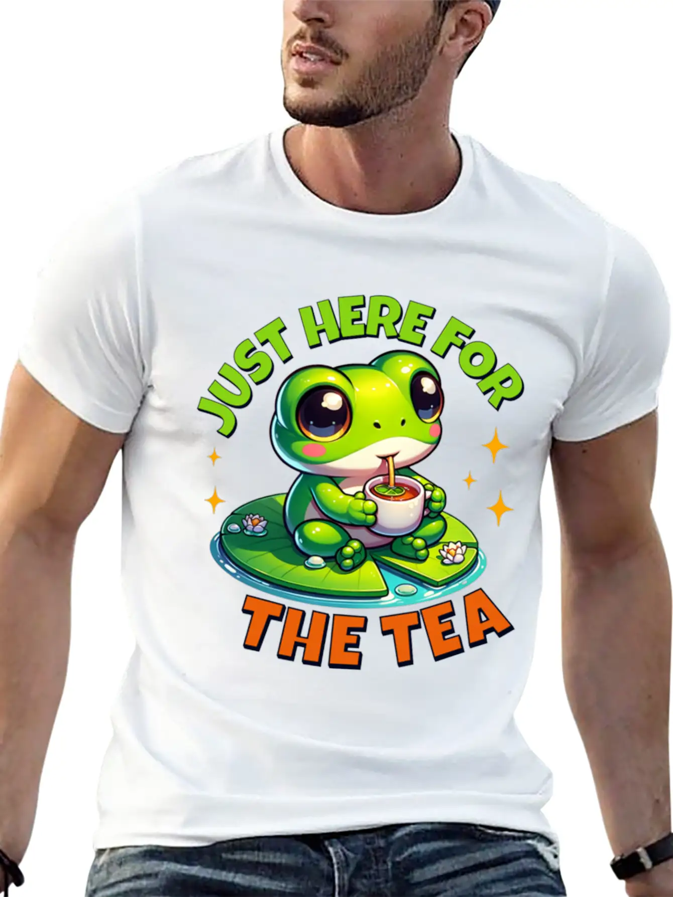 Cute Frog T ShirtJust Here For The Tea Stylish Everyday T-Shirt – Unisex Basic Cotton Tee