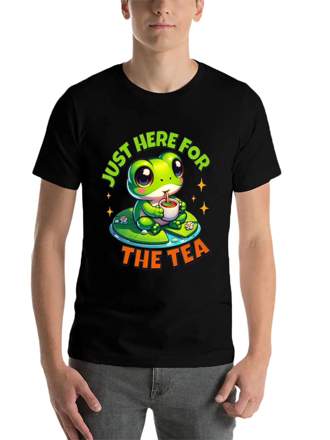 Cute Frog T ShirtJust Here For The Tea Stylish Everyday T-Shirt – Unisex Basic Cotton Tee