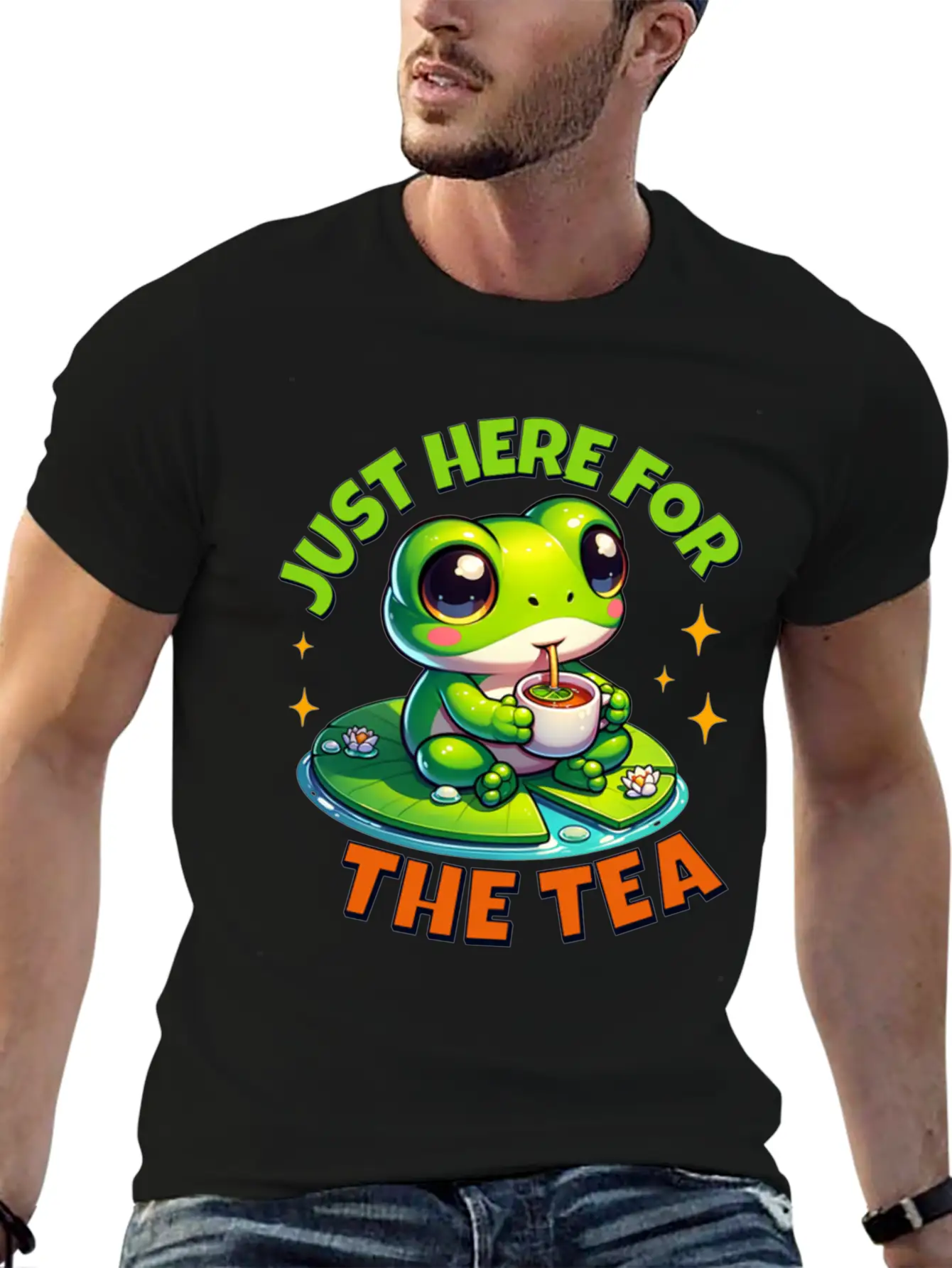 Cute Frog T ShirtJust Here For The Tea Stylish Everyday T-Shirt – Unisex Basic Cotton Tee
