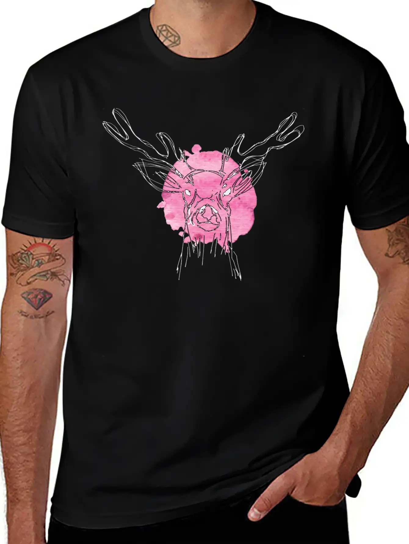 Cute Hand Drawn Deer With Pink Color Slpash Basic Graphic T-Shirt – Daily Comfort In Soft Cotton