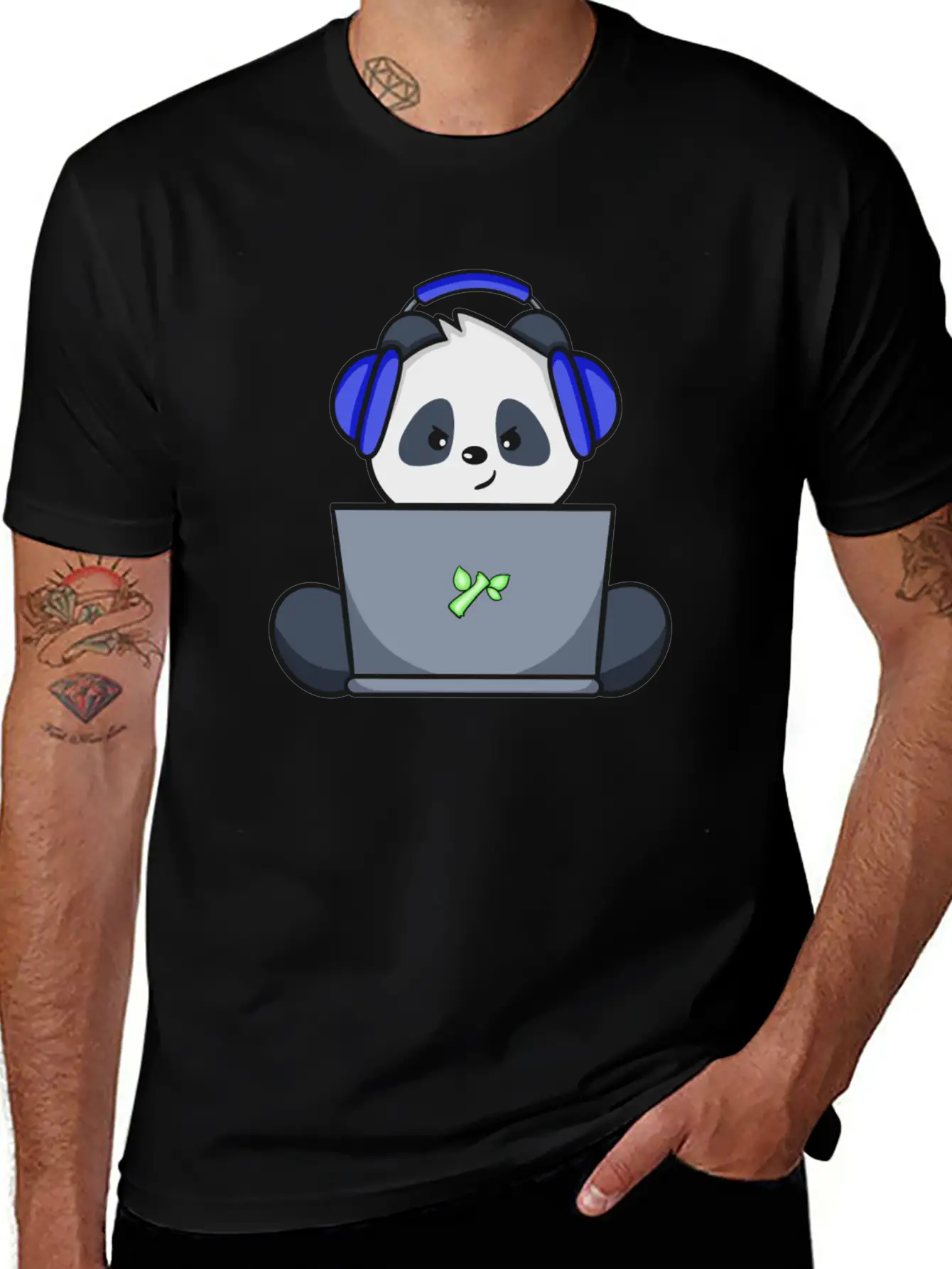 Cute Panda With Blue Headset Gaming Unisex Short Sleeve Soft Cotton T-Shirt – Casual Everyday Wear