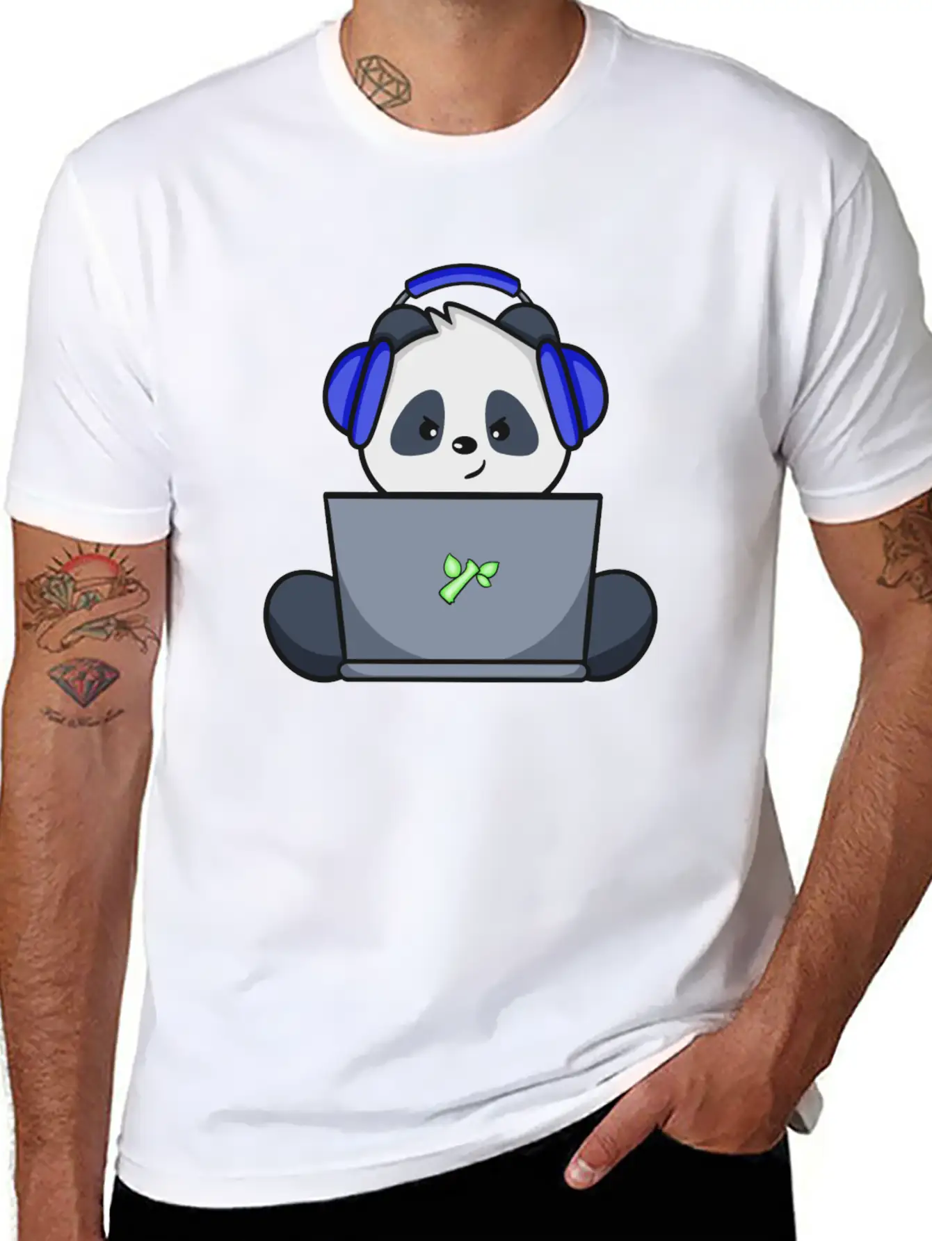 Cute Panda With Blue Headset Gaming Unisex Short Sleeve Soft Cotton T-Shirt – Casual Everyday Wear