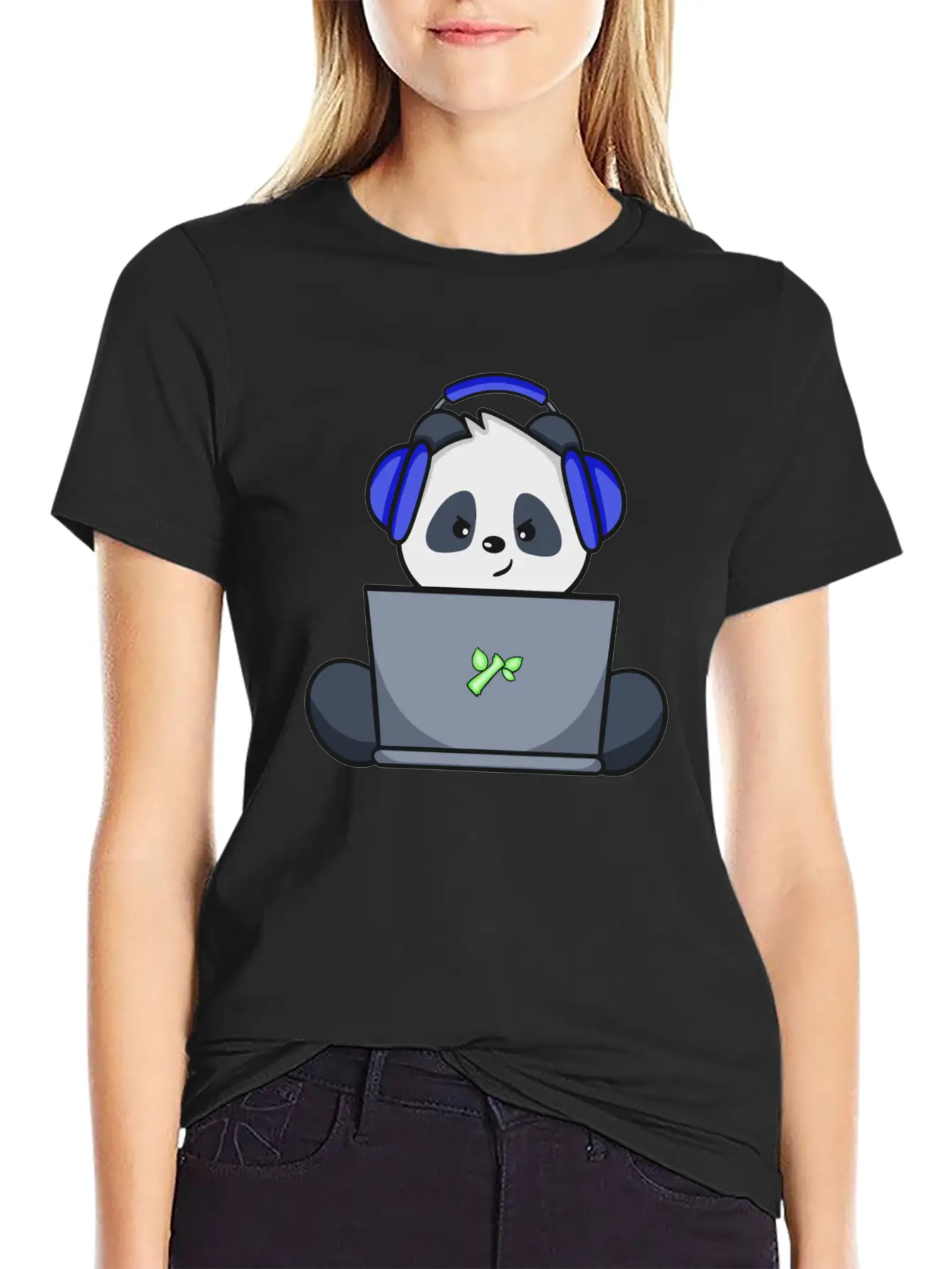 Cute Panda With Blue Headset Gaming Unisex Short Sleeve Soft Cotton T-Shirt – Casual Everyday Wear