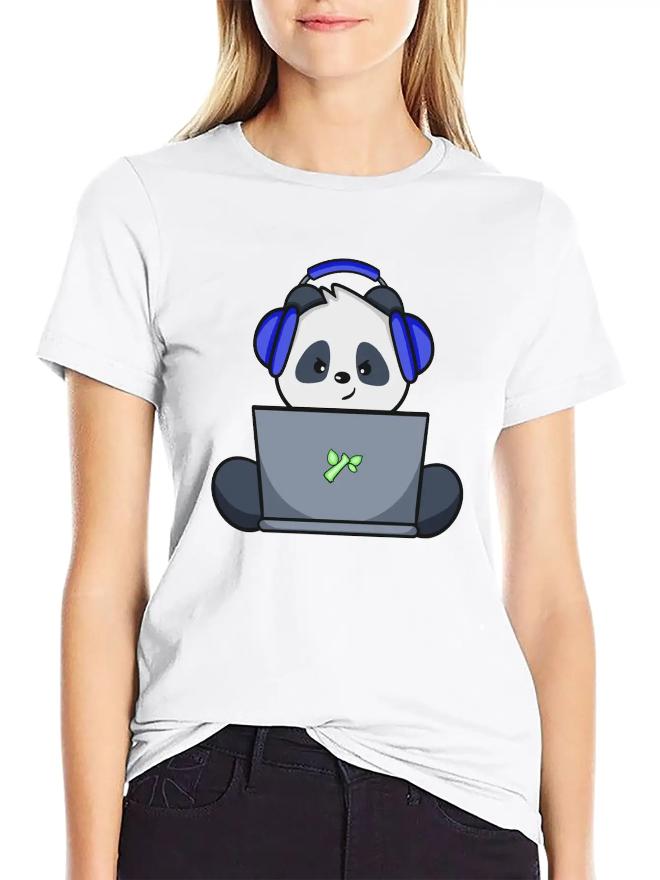 Cute Panda With Blue Headset Gaming Unisex Short Sleeve Soft Cotton T-Shirt – Casual Everyday Wear