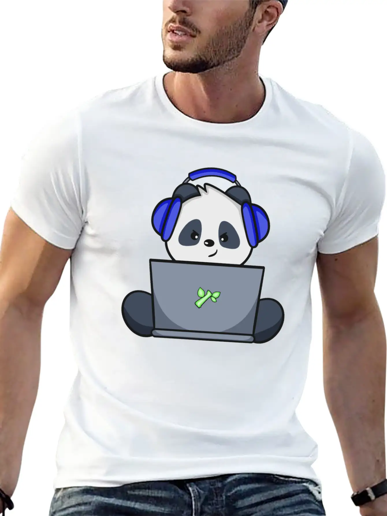 Cute Panda With Blue Headset Gaming Unisex Short Sleeve Soft Cotton T-Shirt – Casual Everyday Wear