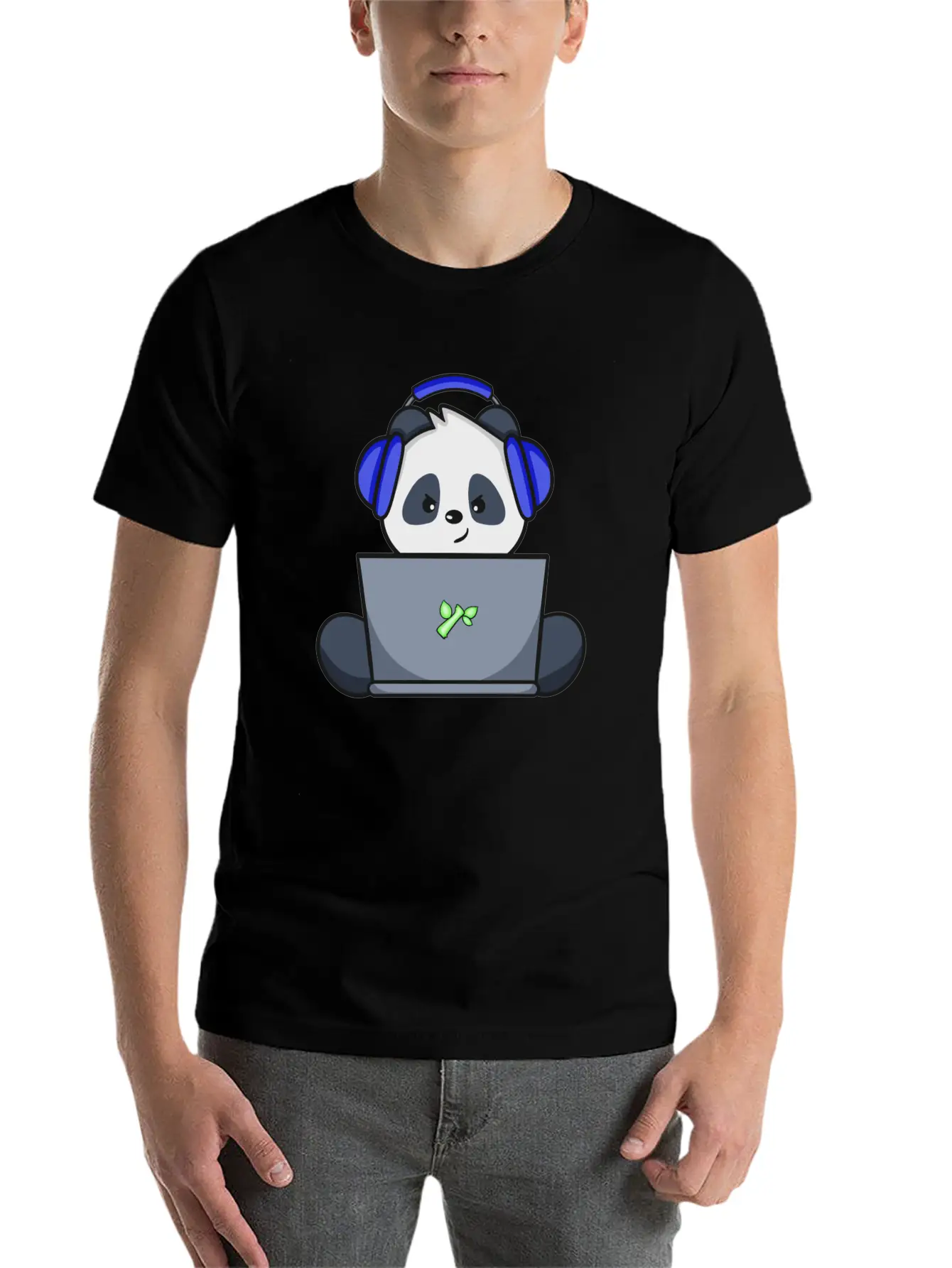 Cute Panda With Blue Headset Gaming Unisex Short Sleeve Soft Cotton T-Shirt – Casual Everyday Wear