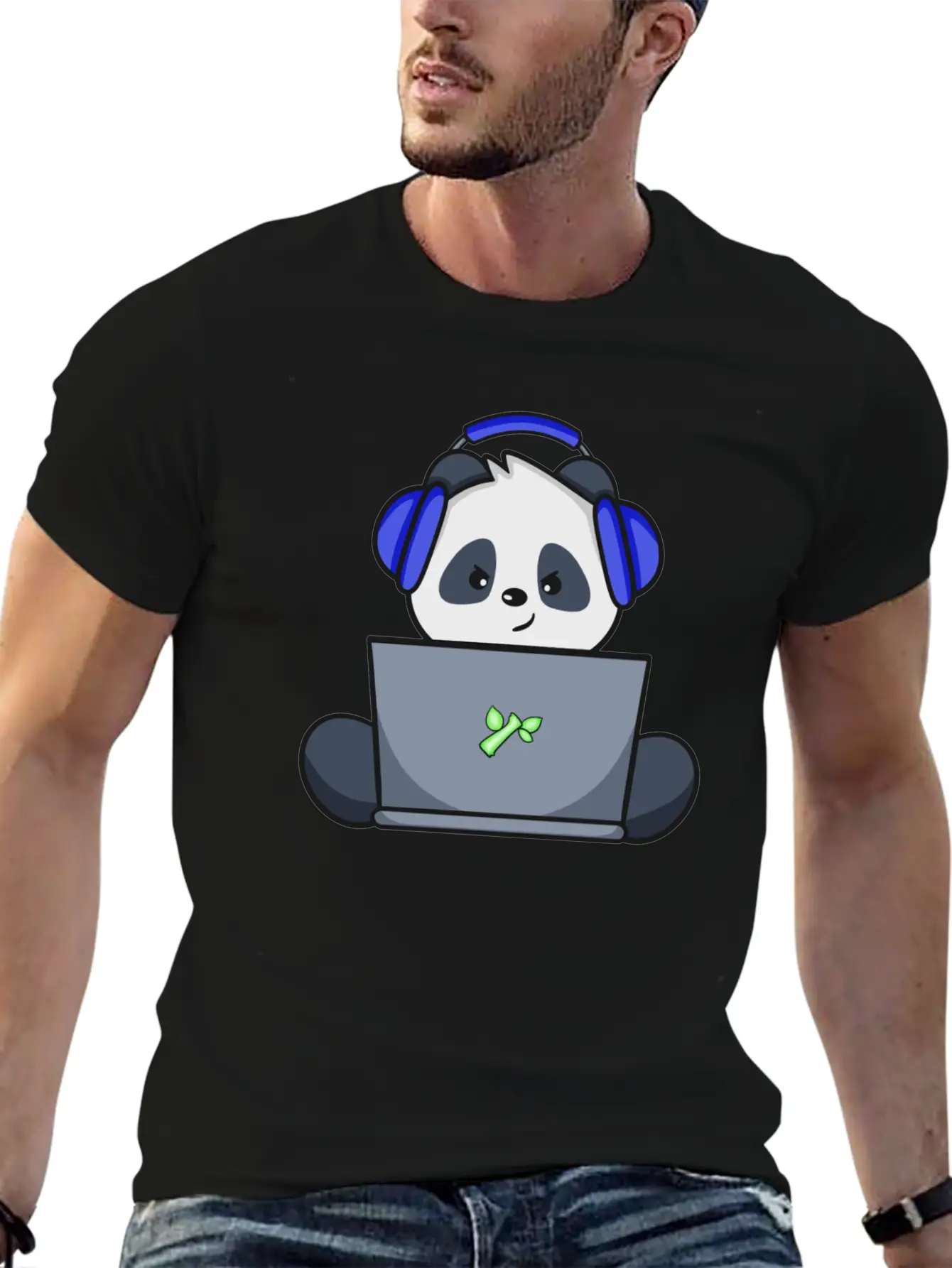Cute Panda With Blue Headset Gaming Unisex Short Sleeve Soft Cotton T-Shirt – Casual Everyday Wear