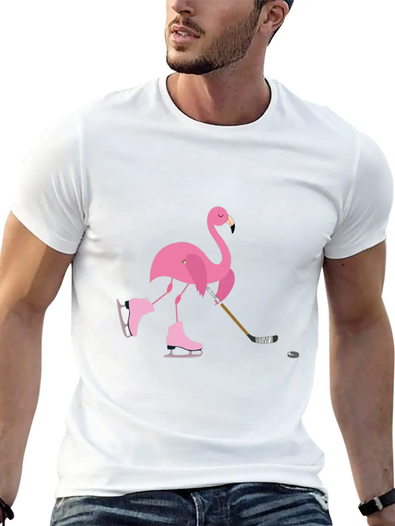 Cute Pink Flamingo Playing Playing Hockey Sports Stylish Everyday T-Shirt – Unisex Basic Cotton Tee