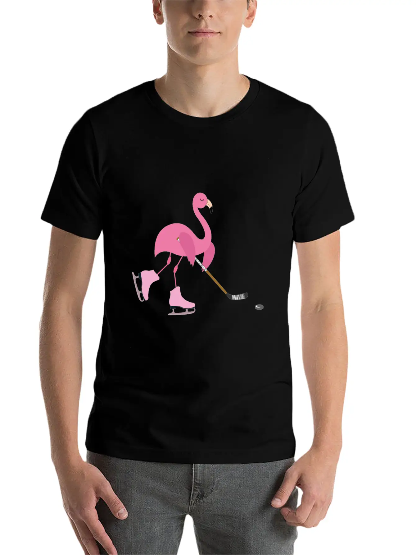 Cute Pink Flamingo Playing Playing Hockey Sports Stylish Everyday T-Shirt – Unisex Basic Cotton Tee