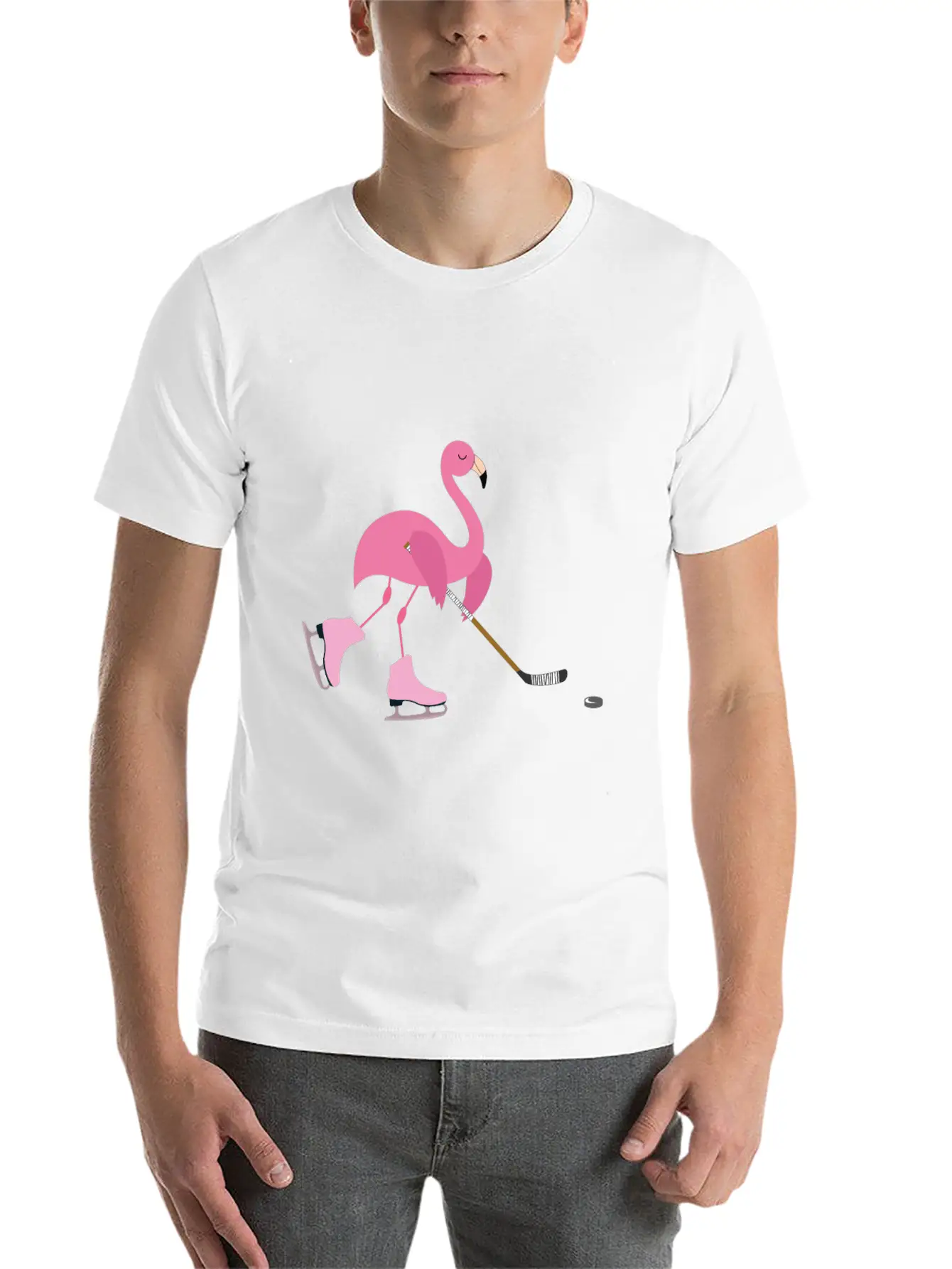 Cute Pink Flamingo Playing Playing Hockey Sports Stylish Everyday T-Shirt – Unisex Basic Cotton Tee