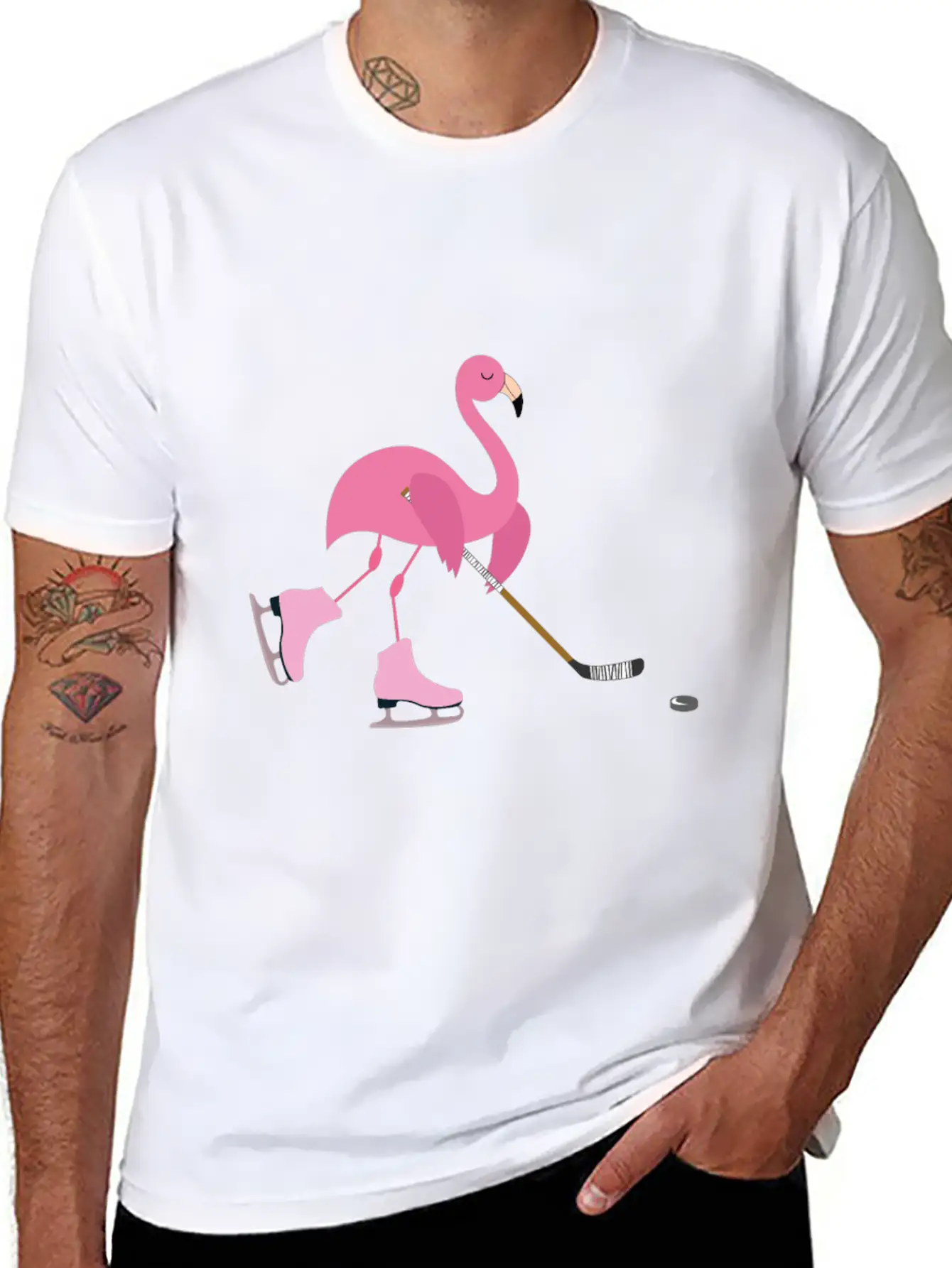 Cute Pink Flamingo Playing Playing Hockey Sports Stylish Everyday T-Shirt – Unisex Basic Cotton Tee