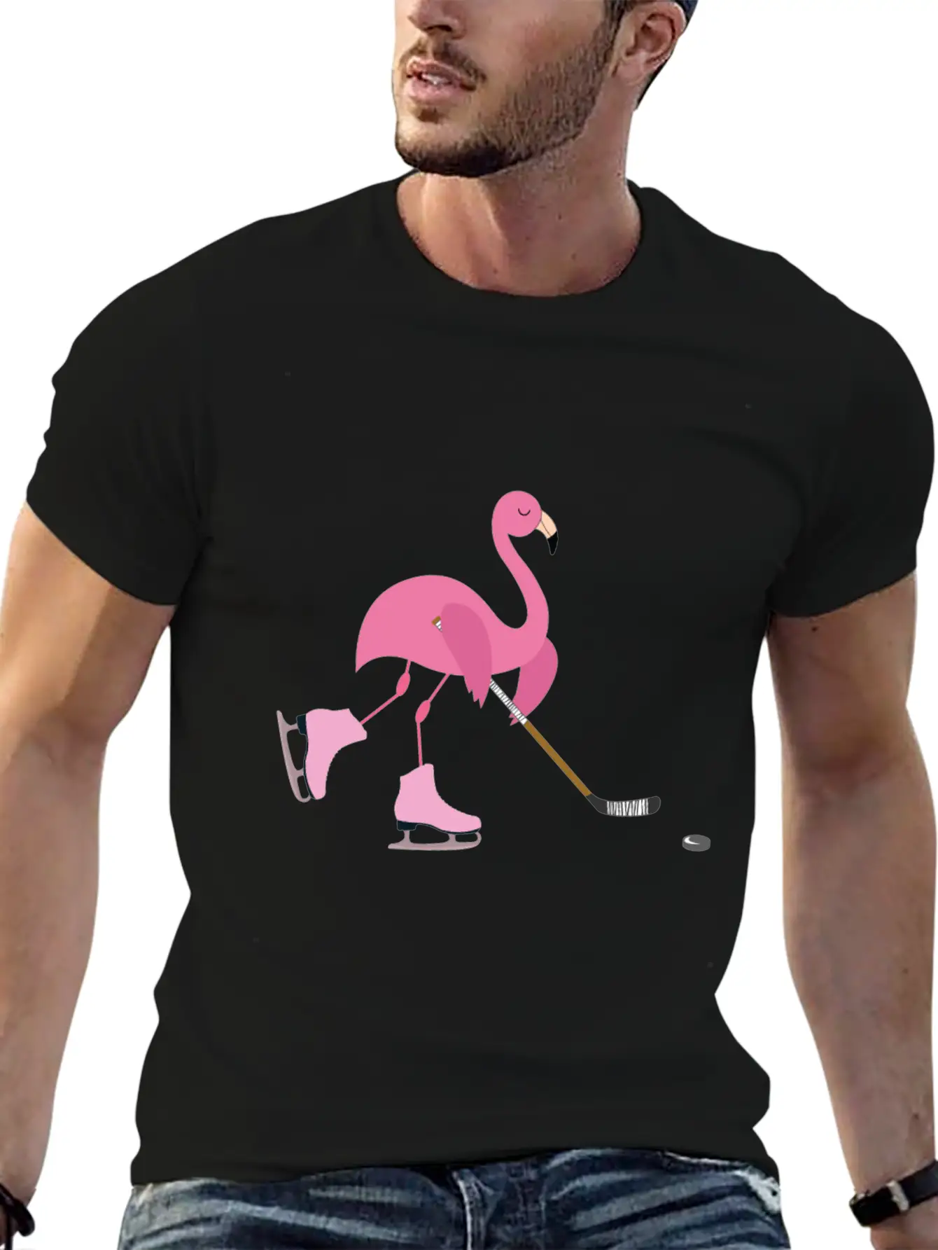 Cute Pink Flamingo Playing Playing Hockey Sports Stylish Everyday T-Shirt – Unisex Basic Cotton Tee