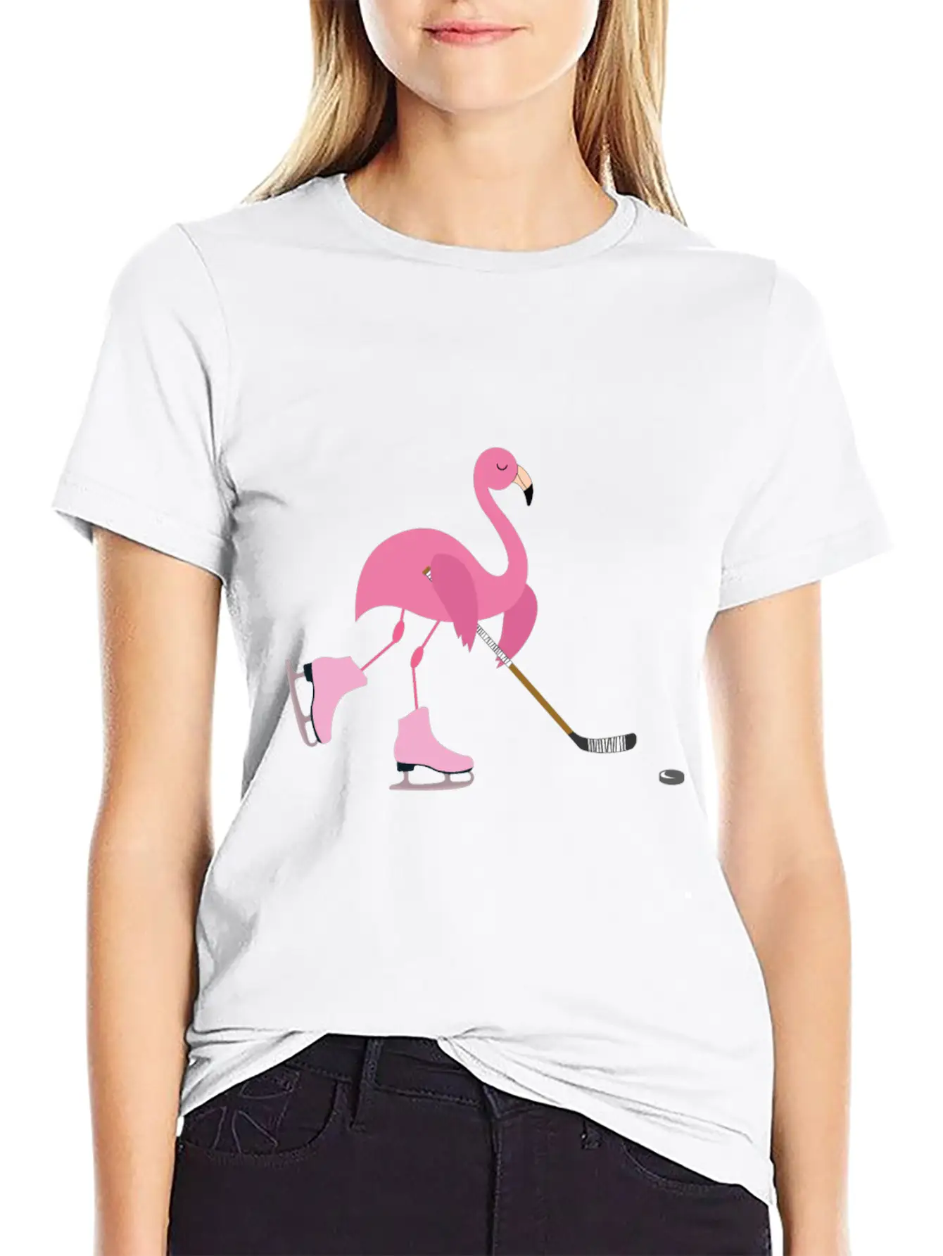 Cute Pink Flamingo Playing Playing Hockey Sports Stylish Everyday T-Shirt – Unisex Basic Cotton Tee