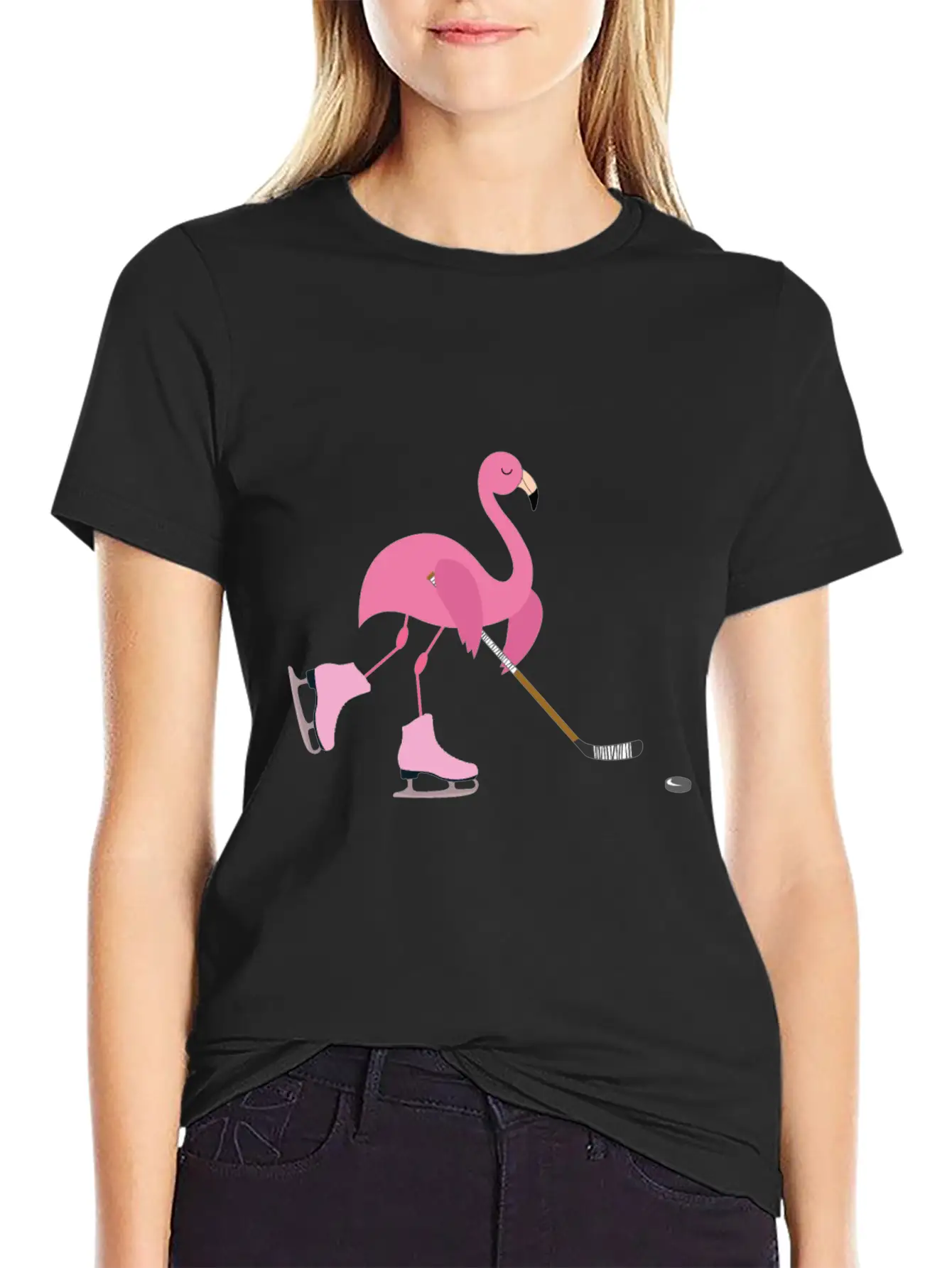Cute Pink Flamingo Playing Playing Hockey Sports Stylish Everyday T-Shirt – Unisex Basic Cotton Tee