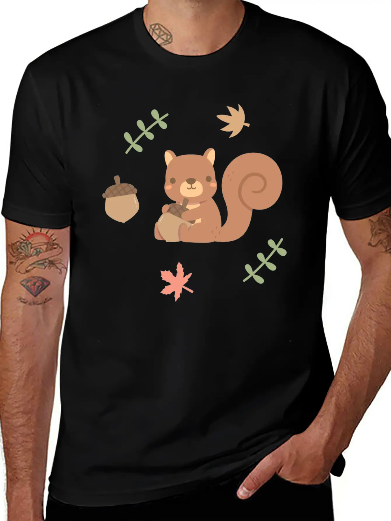 Cute Squirrel Acorn Autumn Leaves Pattern Stylish Everyday T-Shirt – Unisex Basic Cotton Tee