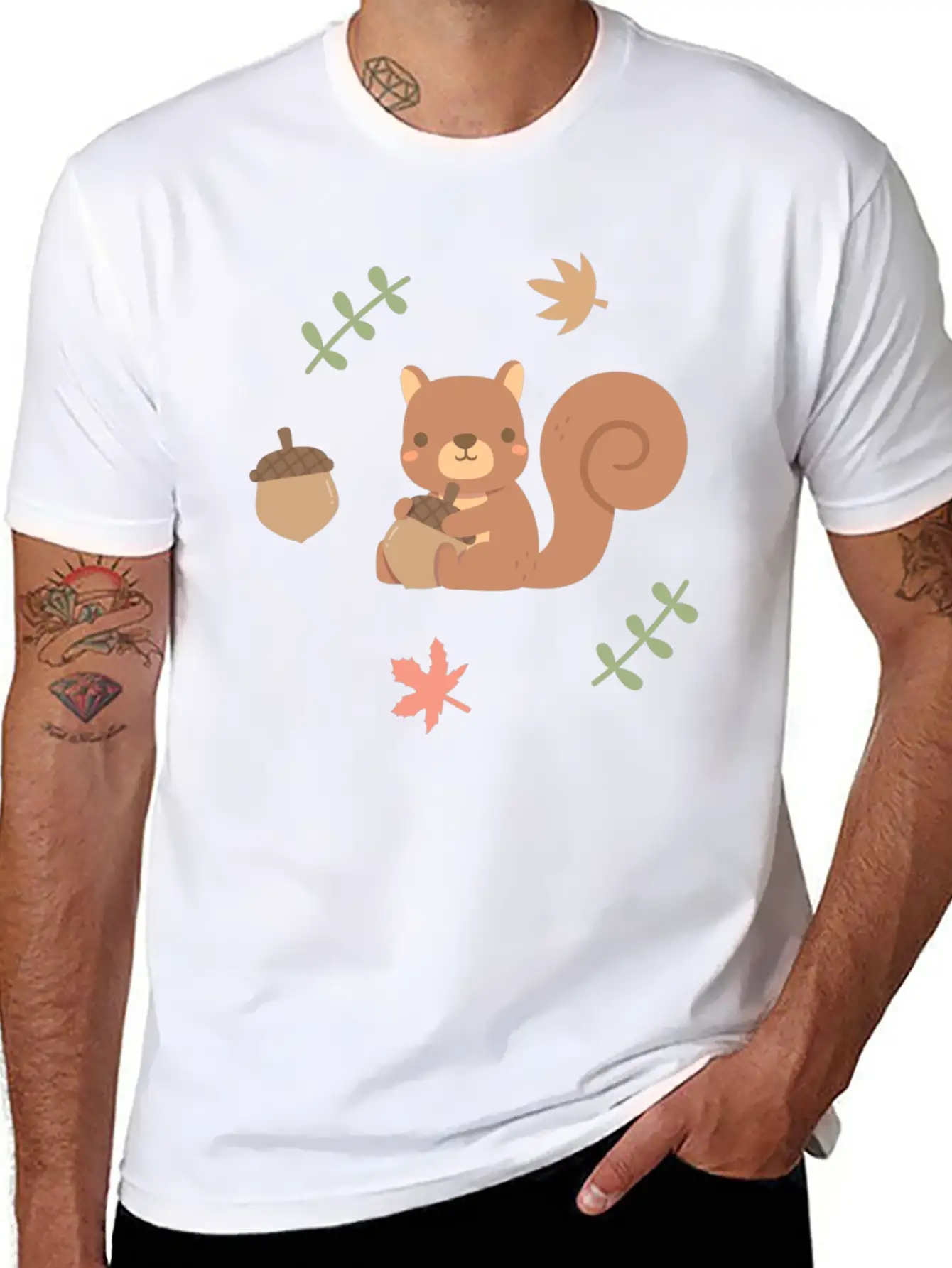 Cute Squirrel Acorn Autumn Leaves Pattern Stylish Everyday T-Shirt – Unisex Basic Cotton Tee