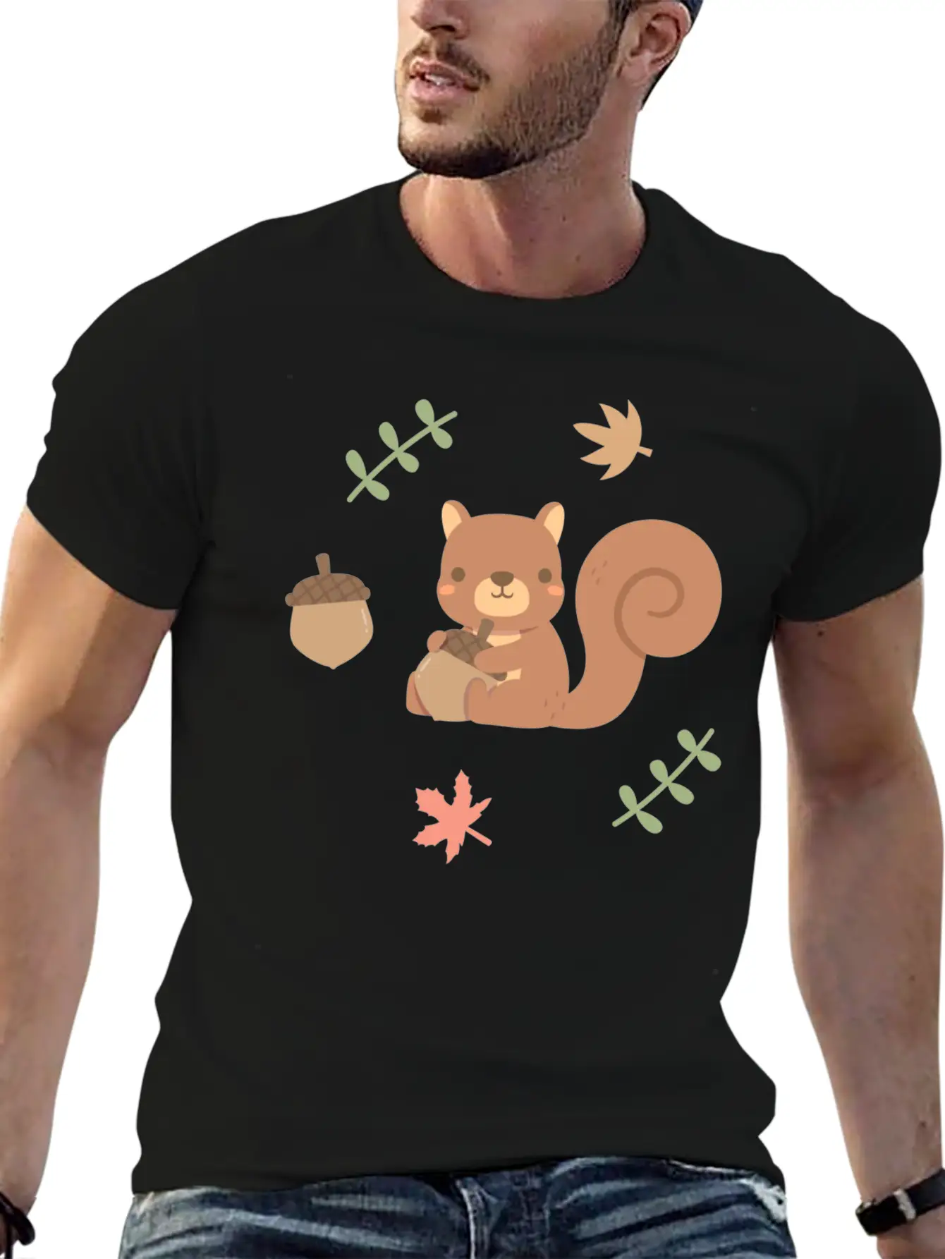 Cute Squirrel Acorn Autumn Leaves Pattern Stylish Everyday T-Shirt – Unisex Basic Cotton Tee