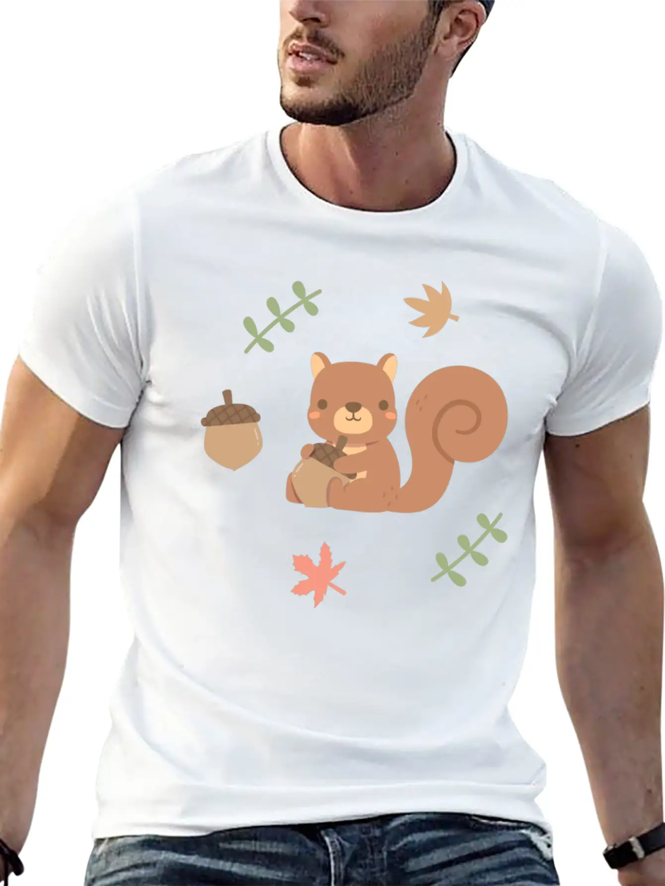 Cute Squirrel Acorn Autumn Leaves Pattern Stylish Everyday T-Shirt – Unisex Basic Cotton Tee