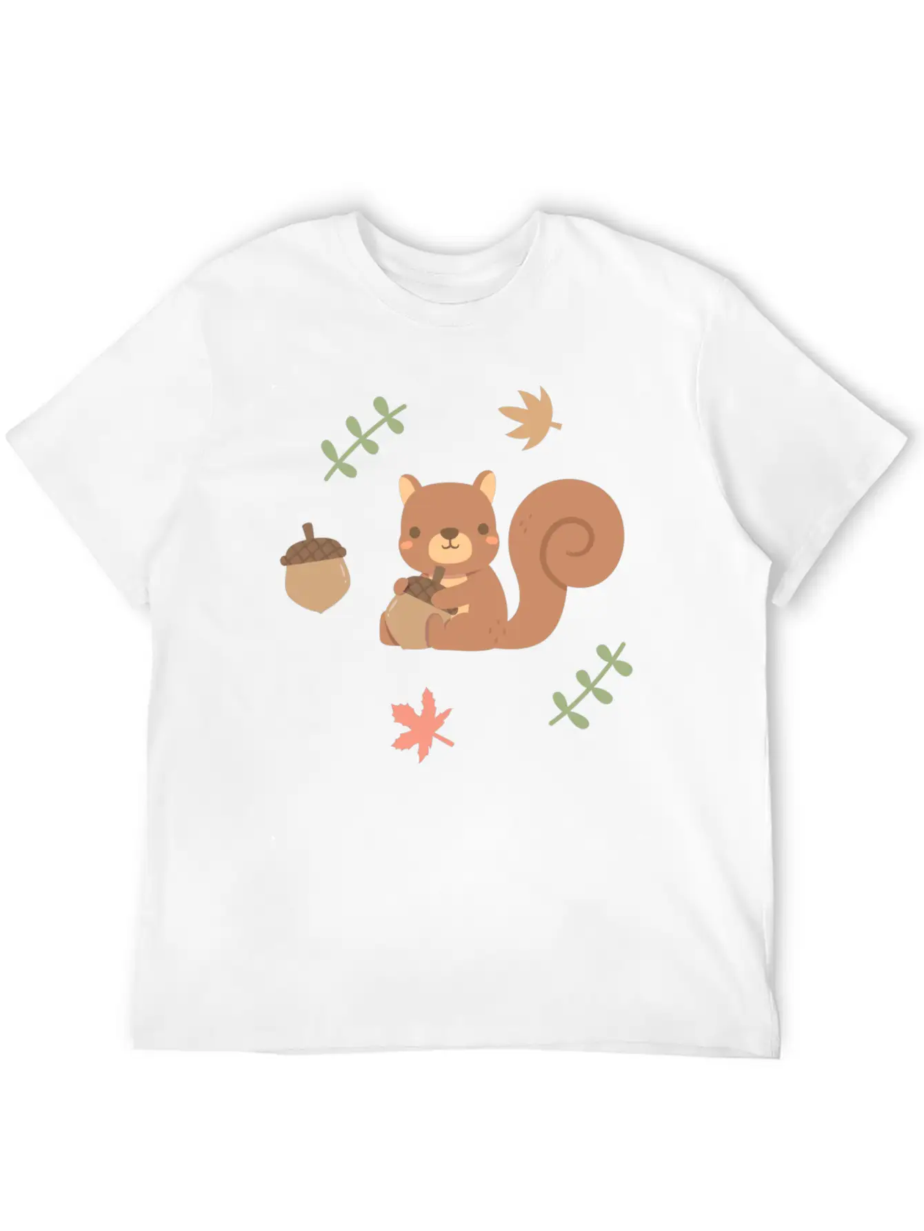 Cute Squirrel Acorn Autumn Leaves Pattern Stylish Everyday T-Shirt – Unisex Basic Cotton Tee