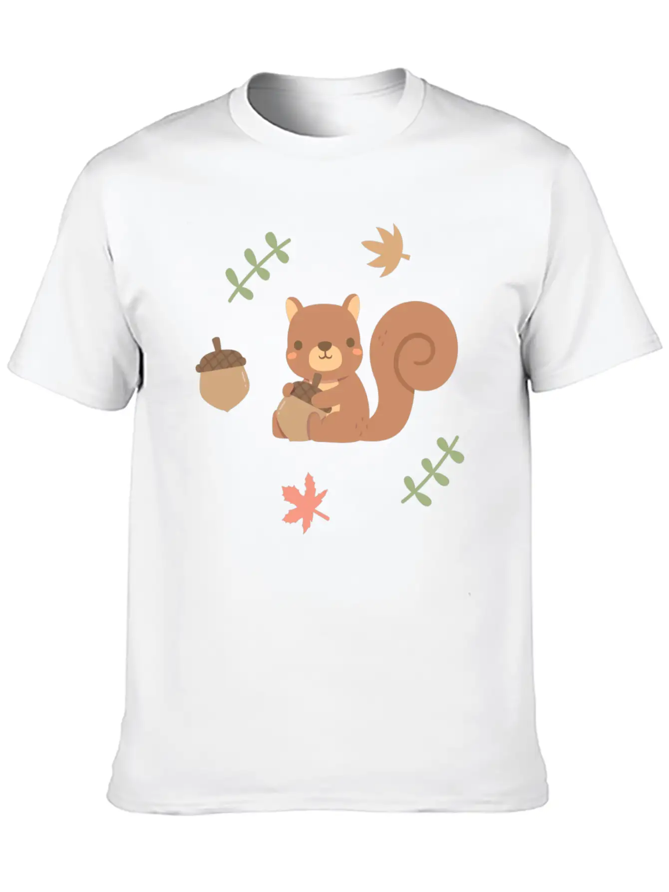 Cute Squirrel Acorn Autumn Leaves Pattern Stylish Everyday T-Shirt – Unisex Basic Cotton Tee