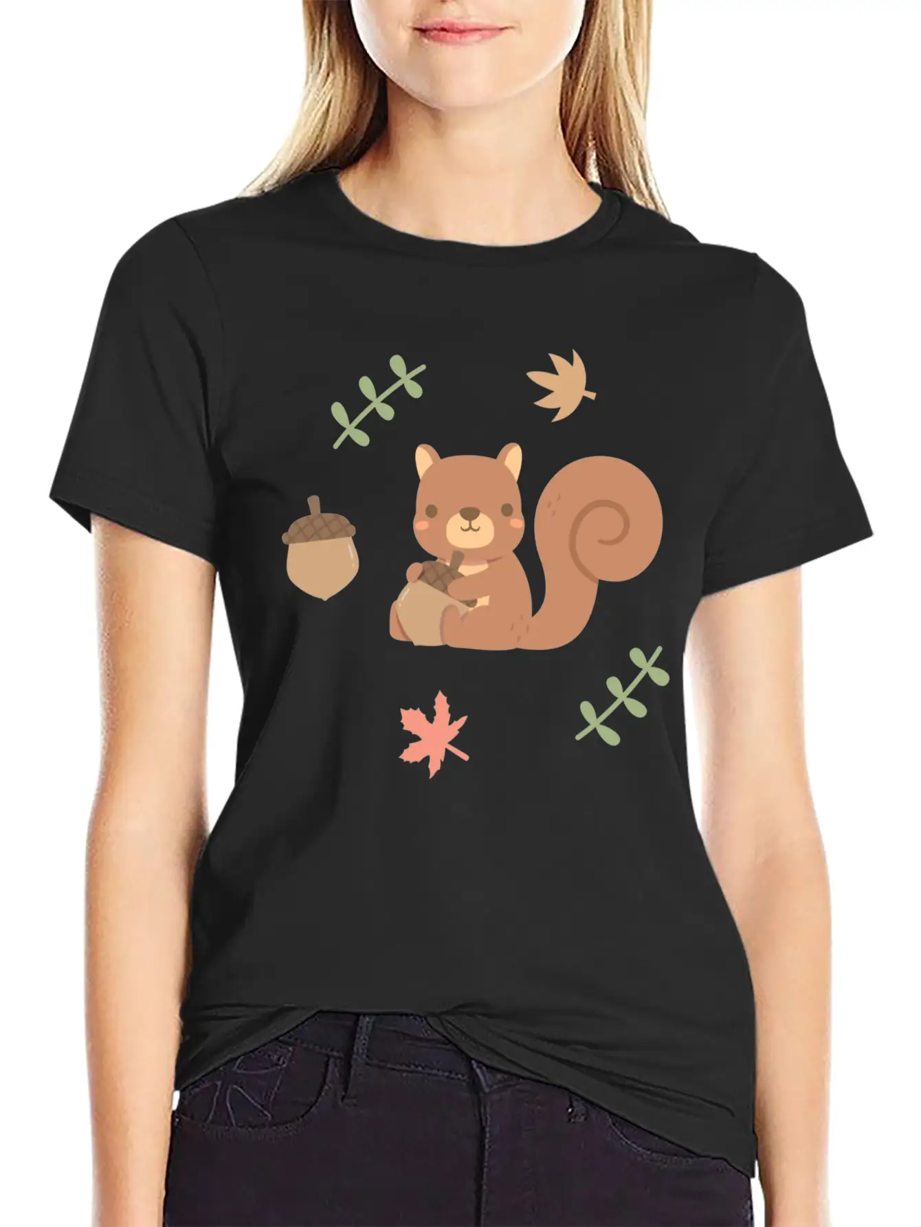 Cute Squirrel Acorn Autumn Leaves Pattern Stylish Everyday T-Shirt – Unisex Basic Cotton Tee