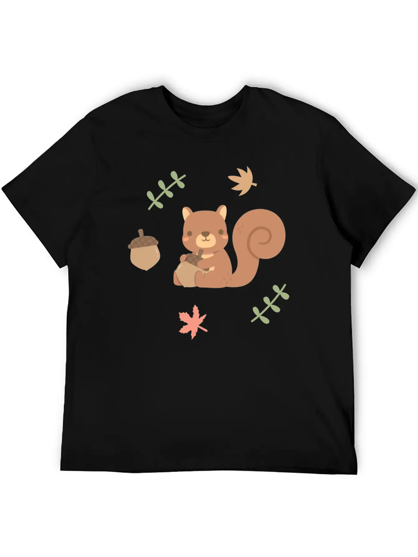 Cute Squirrel Acorn Autumn Leaves Pattern Stylish Everyday T-Shirt – Unisex Basic Cotton Tee