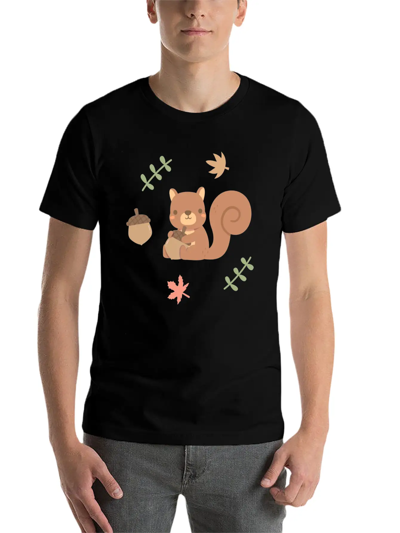 Cute Squirrel Acorn Autumn Leaves Pattern Stylish Everyday T-Shirt – Unisex Basic Cotton Tee