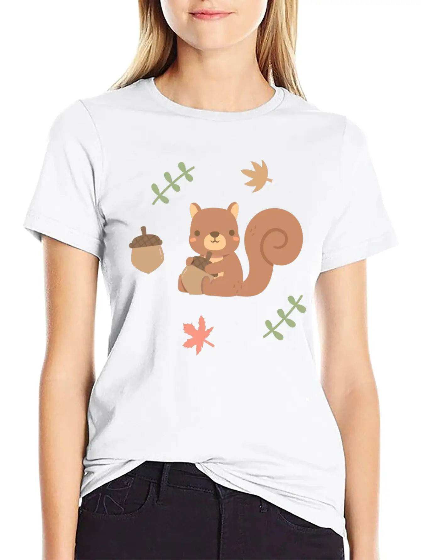 Cute Squirrel Acorn Autumn Leaves Pattern Stylish Everyday T-Shirt – Unisex Basic Cotton Tee