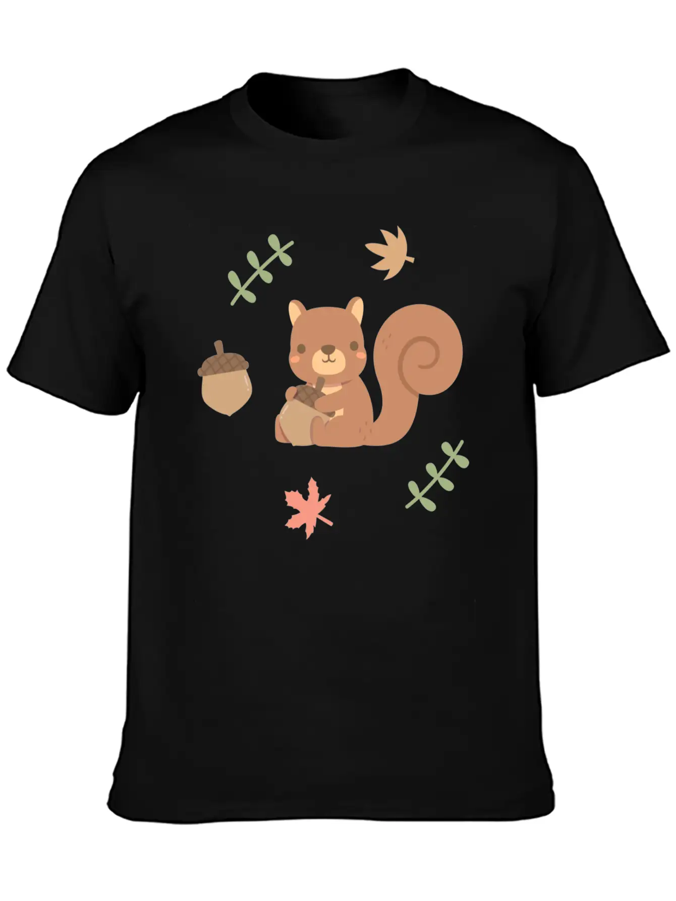 Cute Squirrel Acorn Autumn Leaves Pattern Stylish Everyday T-Shirt – Unisex Basic Cotton Tee