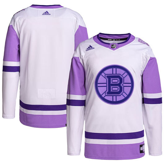 Men's Boston Bruins White/Purple Hockey Fights Cancer Primegreen Authentic Blank Practice Jerseys