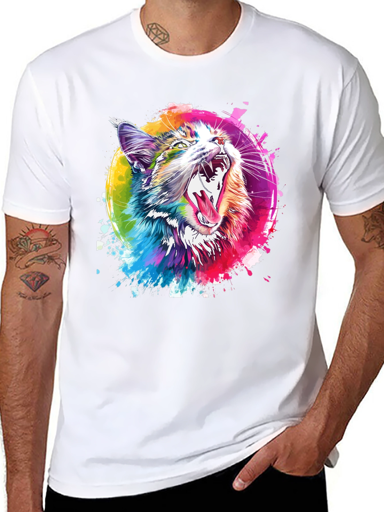 Vibrant Cat Graphic T-Shirt - Artistic Design