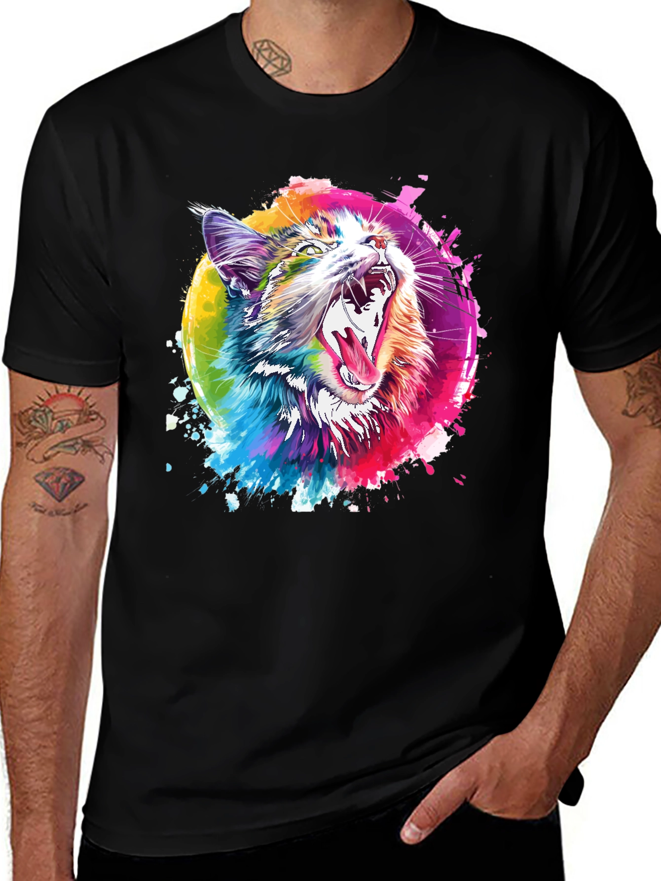 Vibrant Cat Graphic T-Shirt - Artistic Design