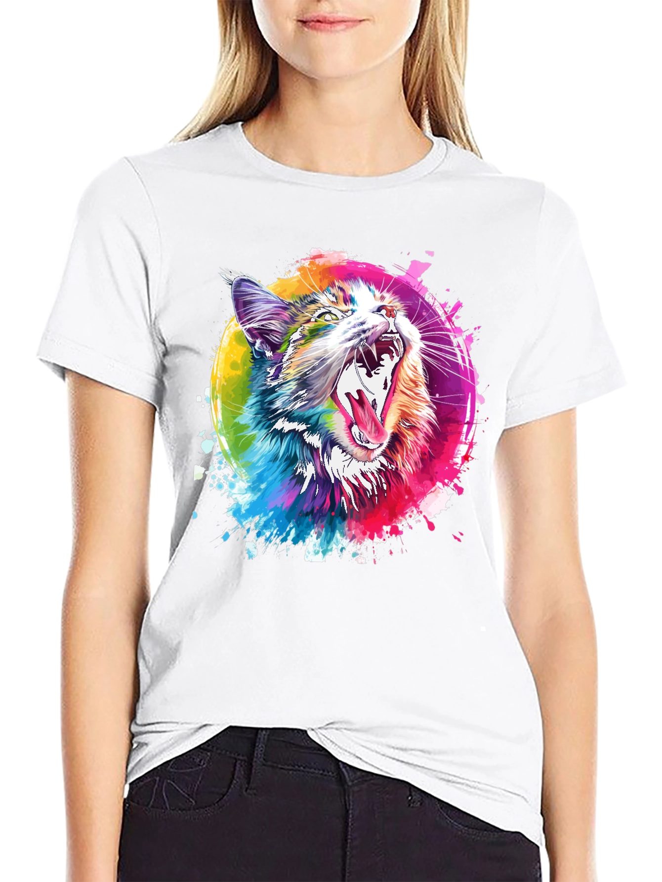Vibrant Cat Graphic T-Shirt - Artistic Design