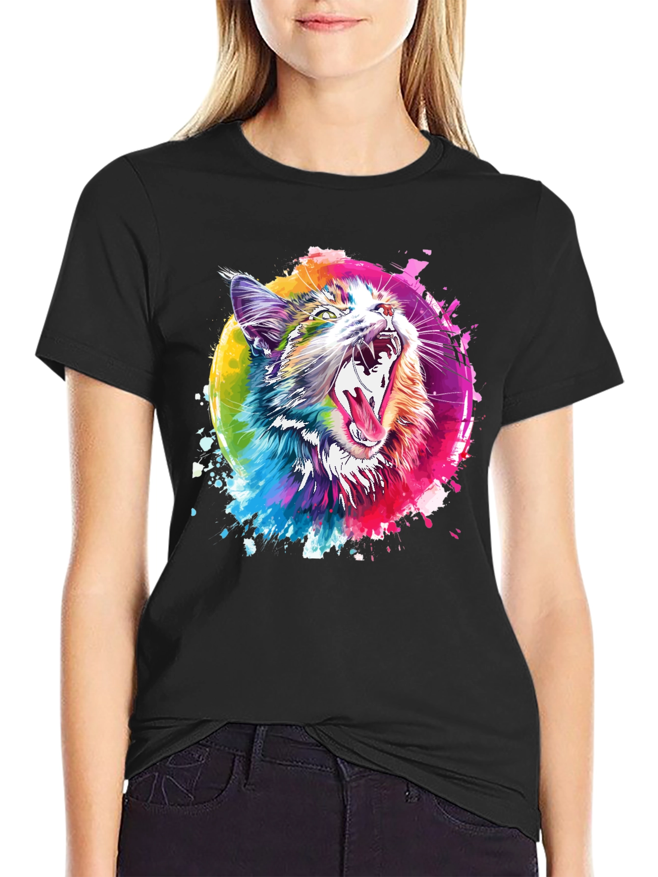 Vibrant Cat Graphic T-Shirt - Artistic Design