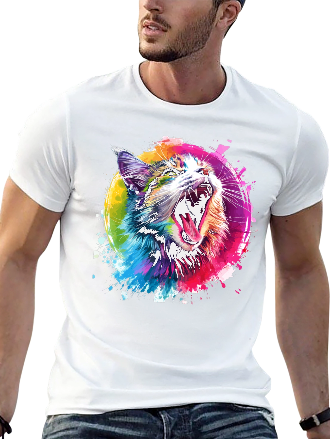 Vibrant Cat Graphic T-Shirt - Artistic Design