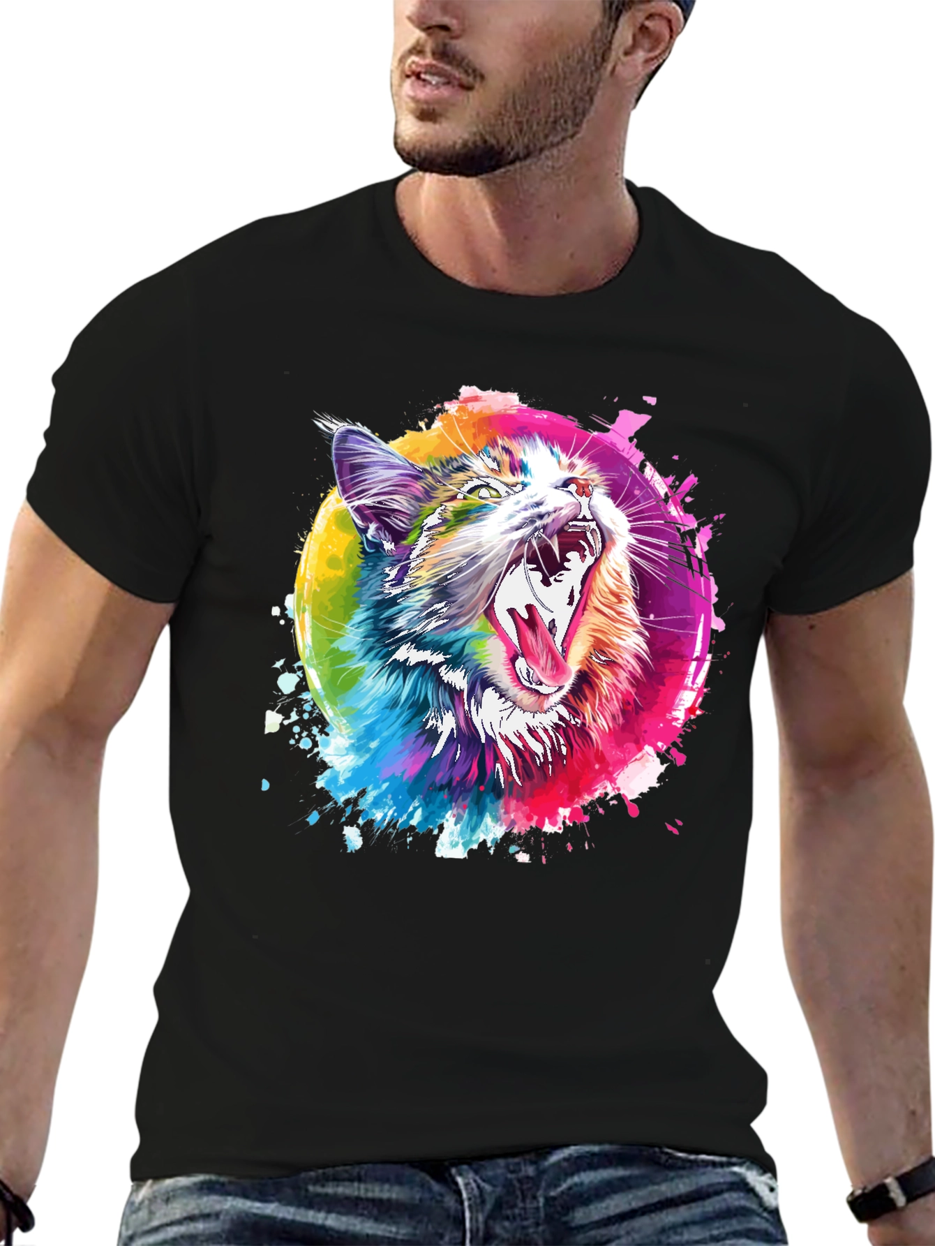 Vibrant Cat Graphic T-Shirt - Artistic Design