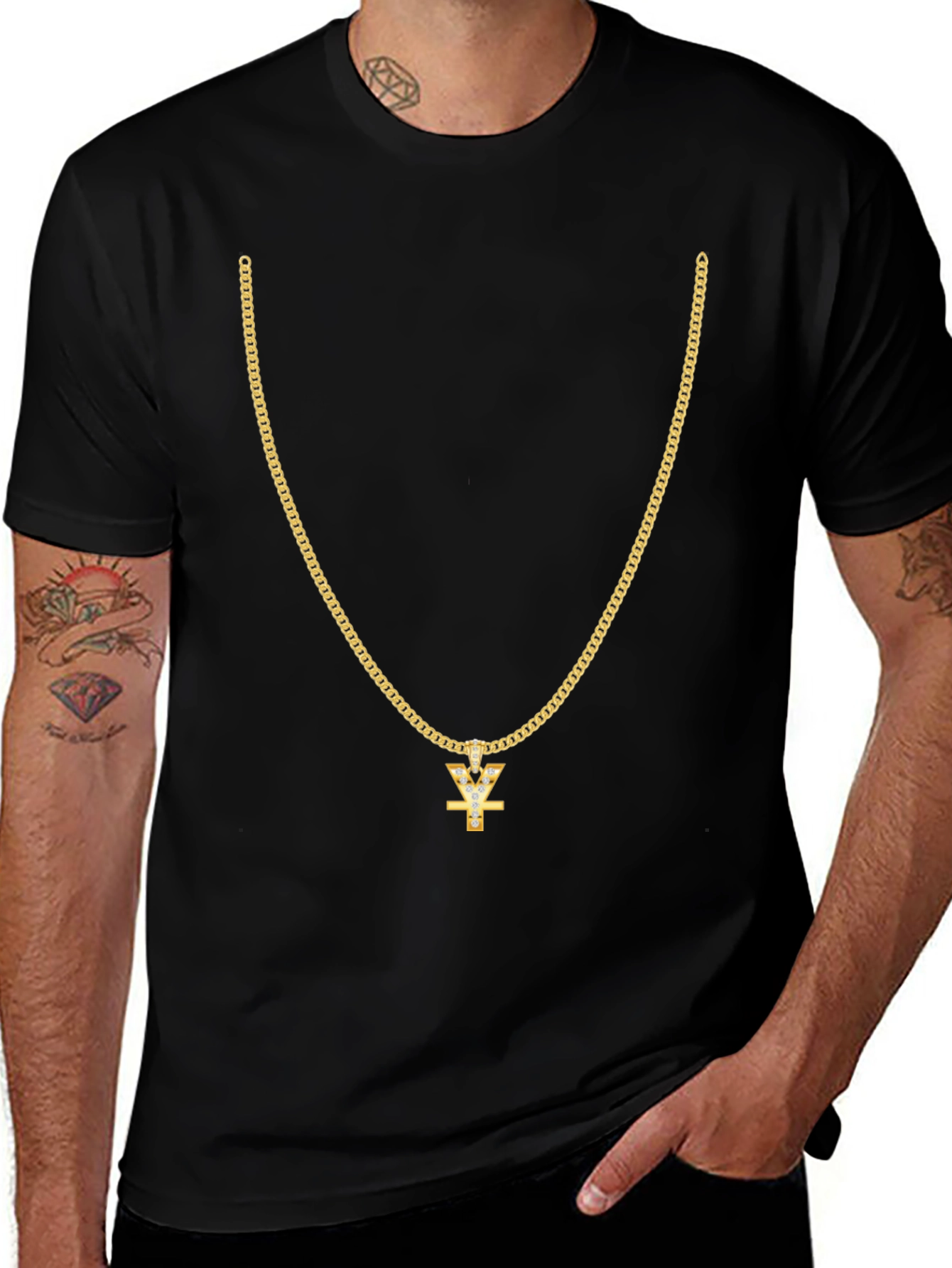 Mens Black T-Shirt with Gold Chain Design