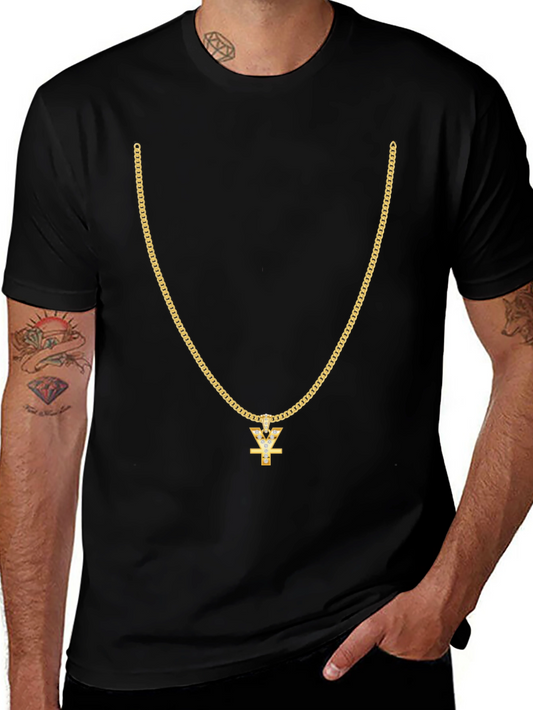 Mens Black T-Shirt with Gold Chain Design