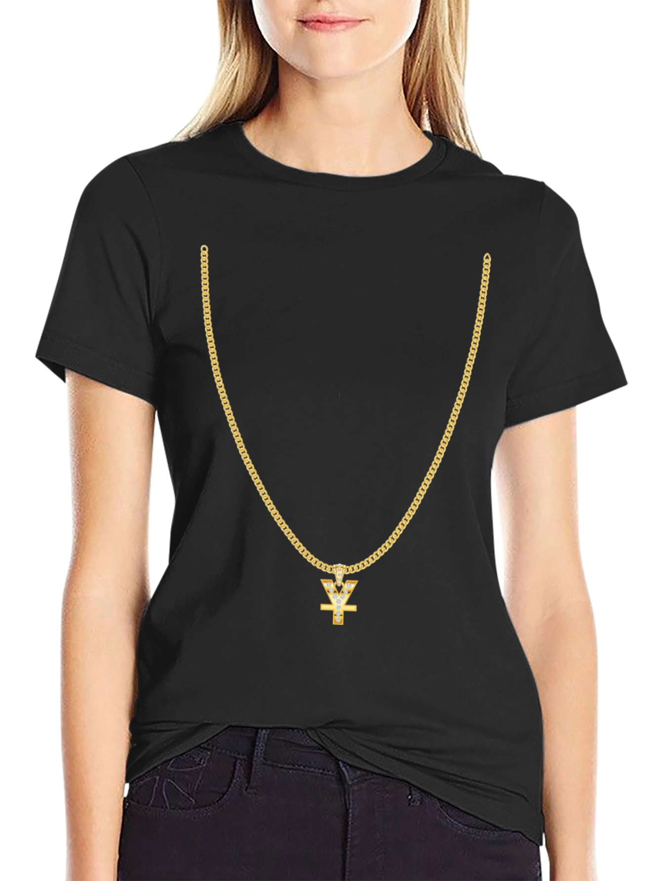 Mens Black T-Shirt with Gold Chain Design