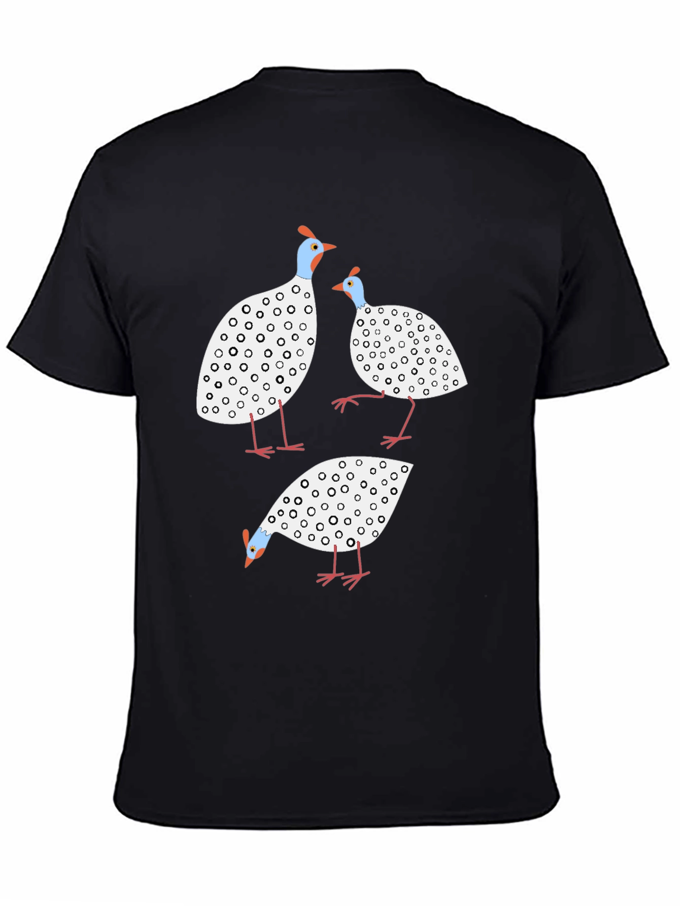 Whimsical Guinea Fowl Graphic Tee - Black Cotton Shirt