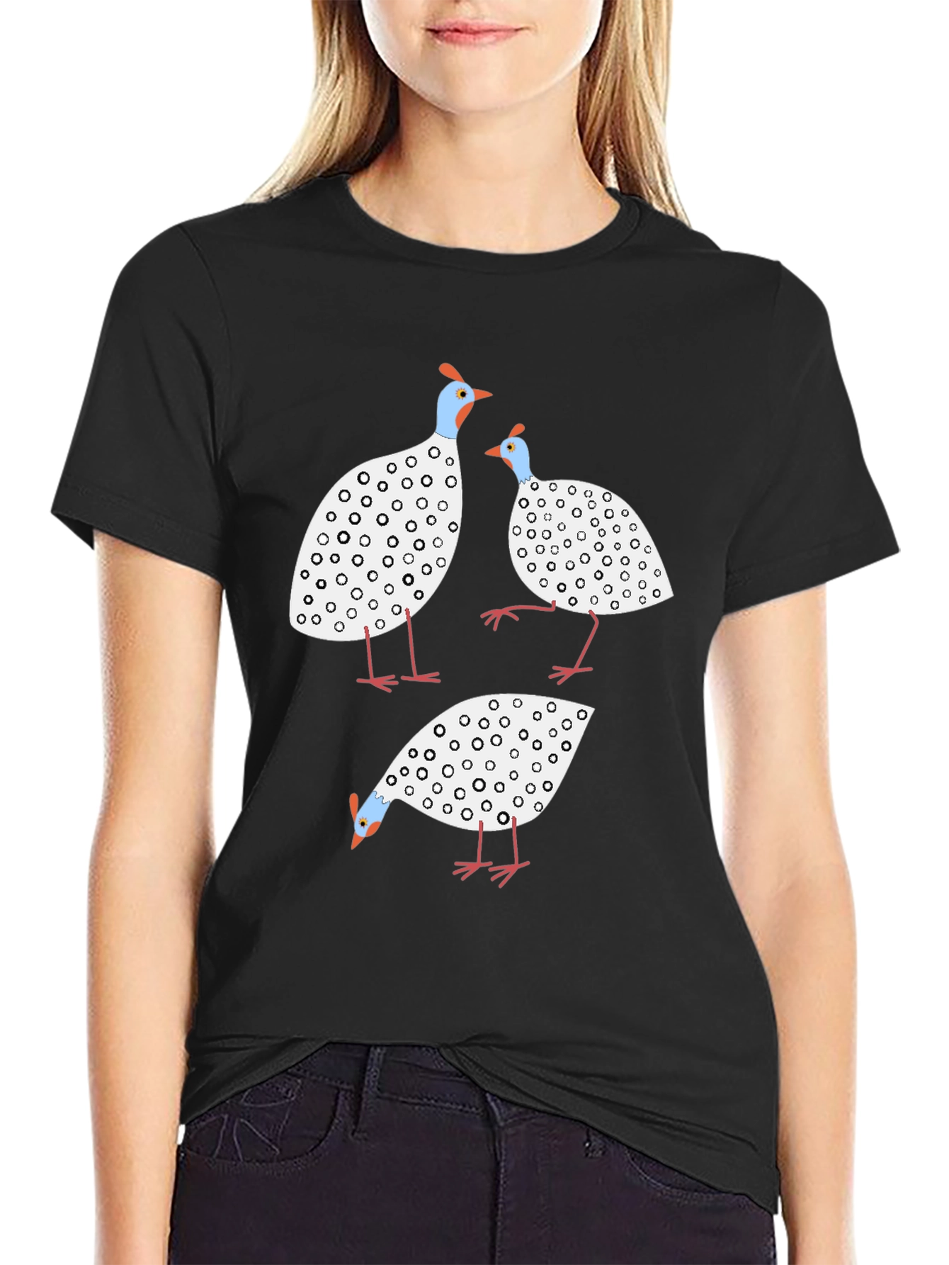 Whimsical Guinea Fowl Graphic Tee - Black Cotton Shirt