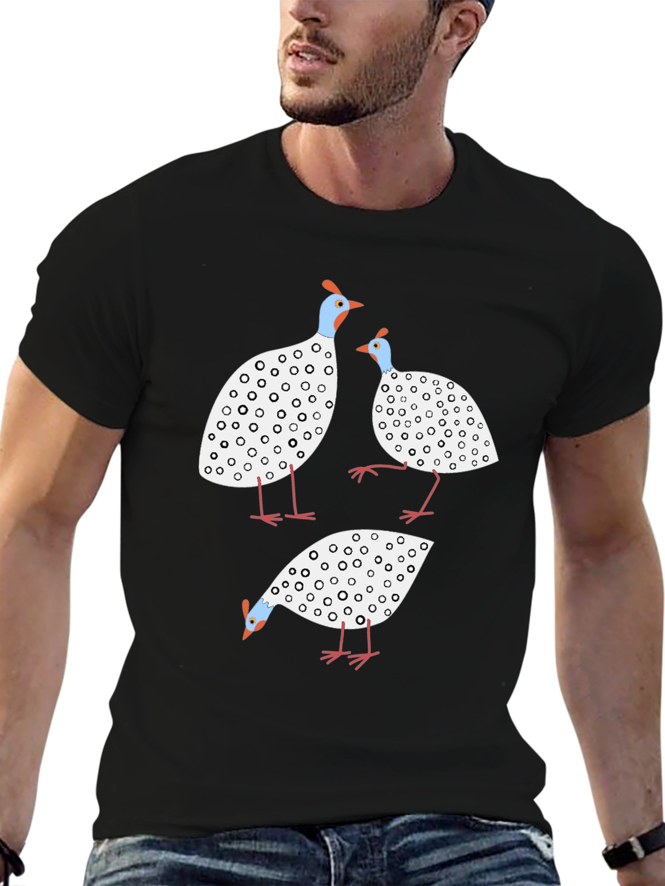 Whimsical Guinea Fowl Graphic Tee - Black Cotton Shirt
