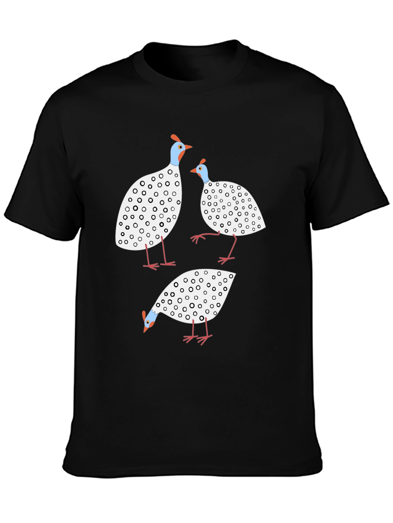 Whimsical Guinea Fowl Graphic Tee - Black Cotton Shirt