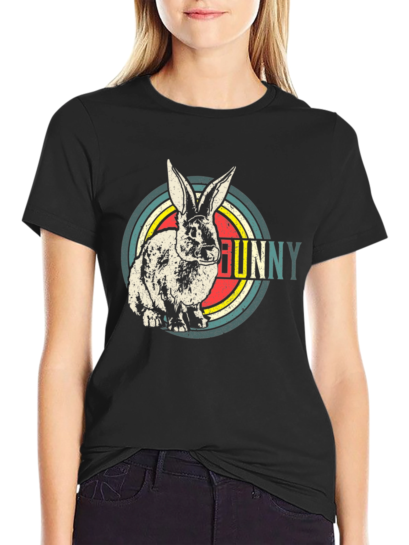 Retro Bunny Graphic T-Shirt - Mens Black Cotton Tee