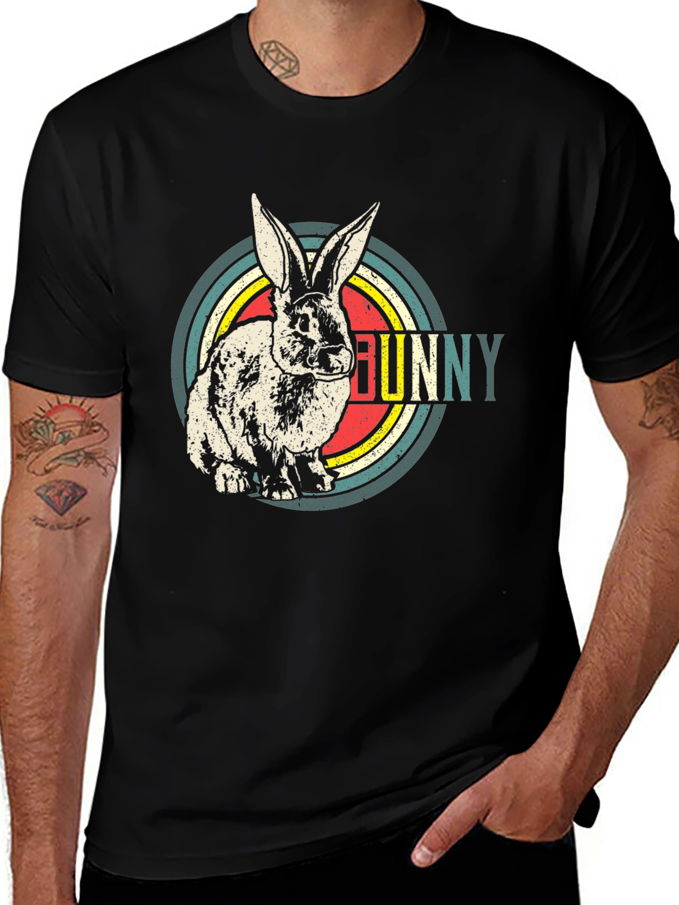 Retro Bunny Graphic T-Shirt - Mens Black Cotton Tee