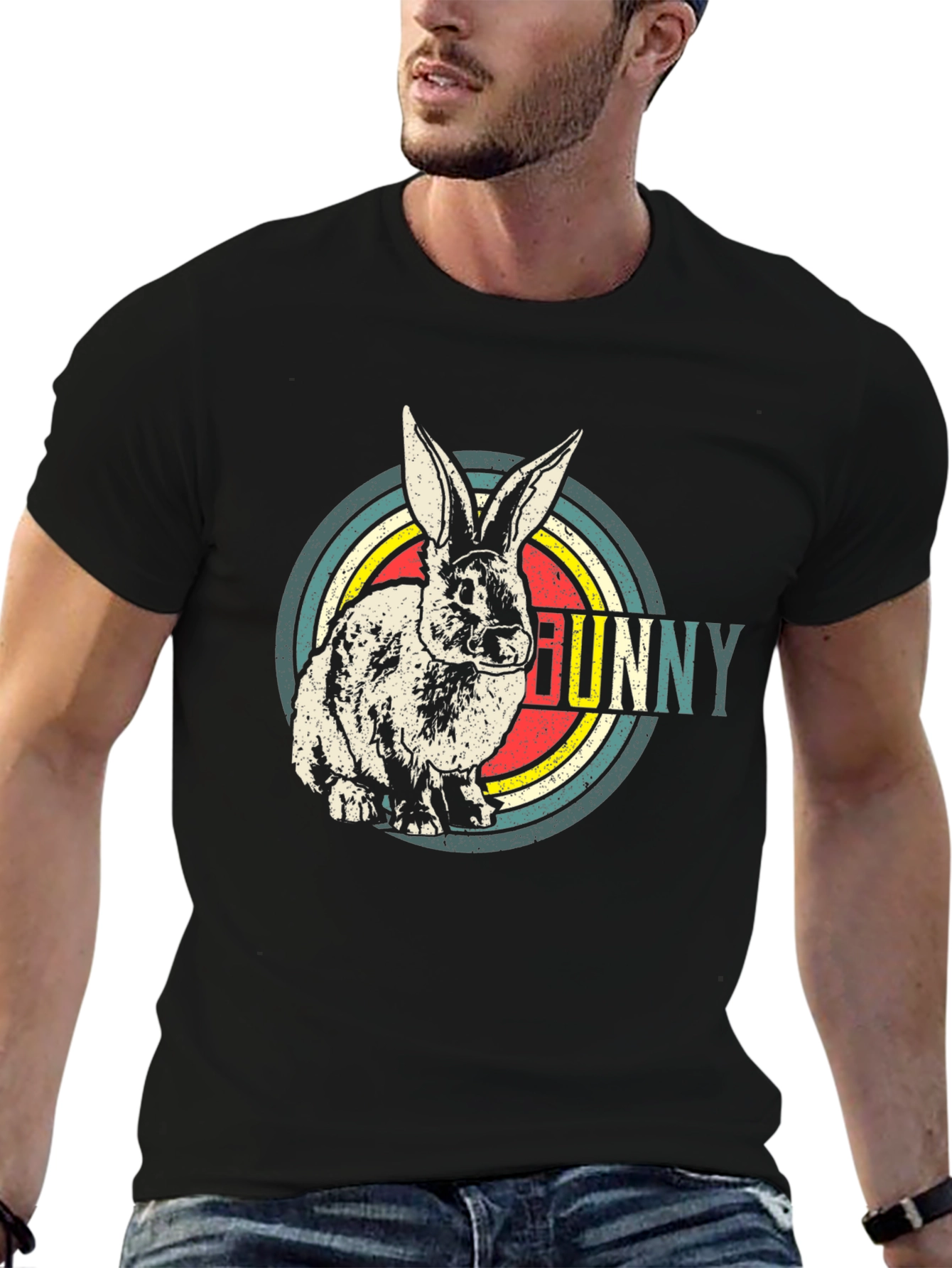 Retro Bunny Graphic T-Shirt - Mens Black Cotton Tee