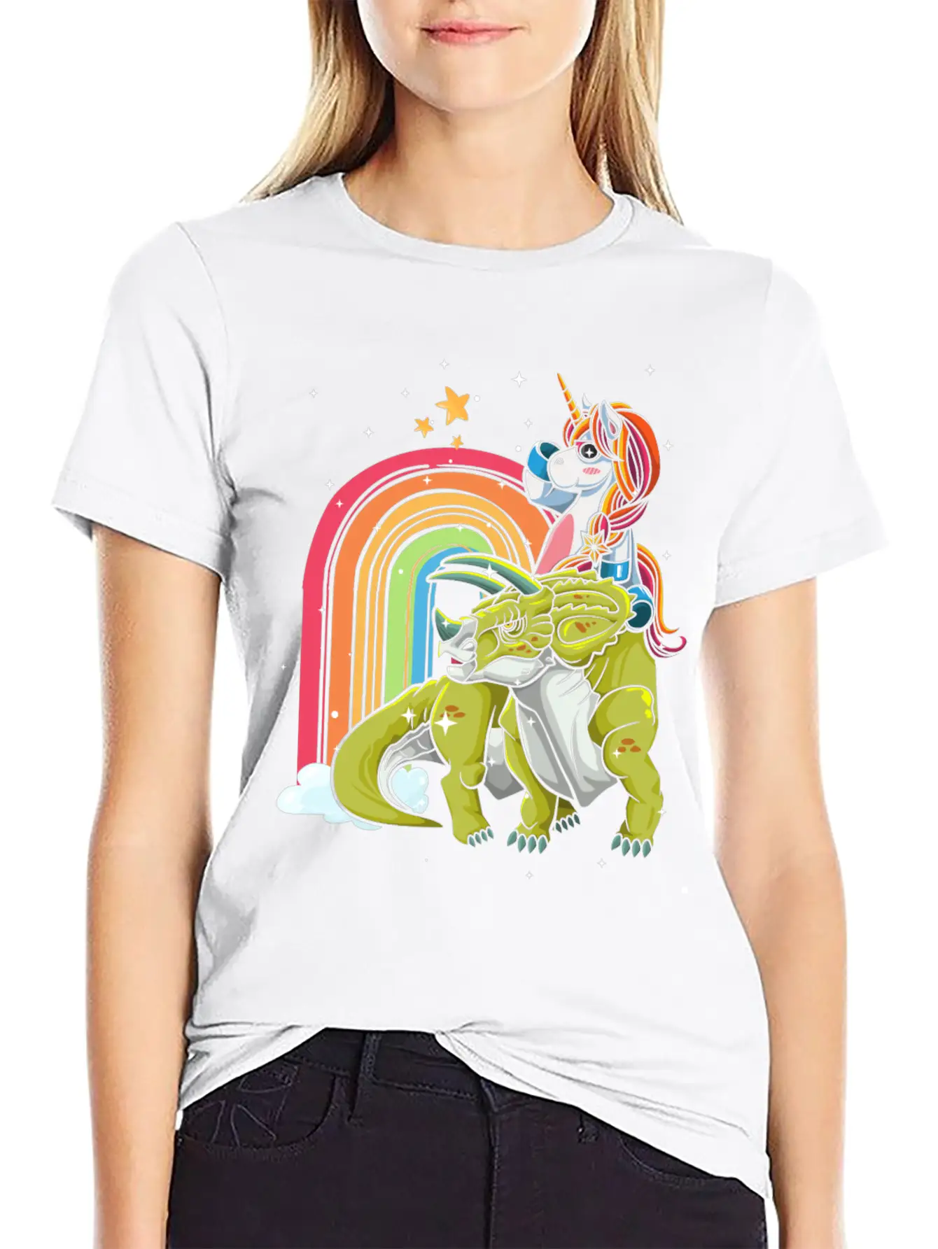 Dabbing Unicorn Riding T Rex Boys Girls Halloween Unisex Short Sleeve Soft Cotton T-Shirt – Casual Everyday Wear