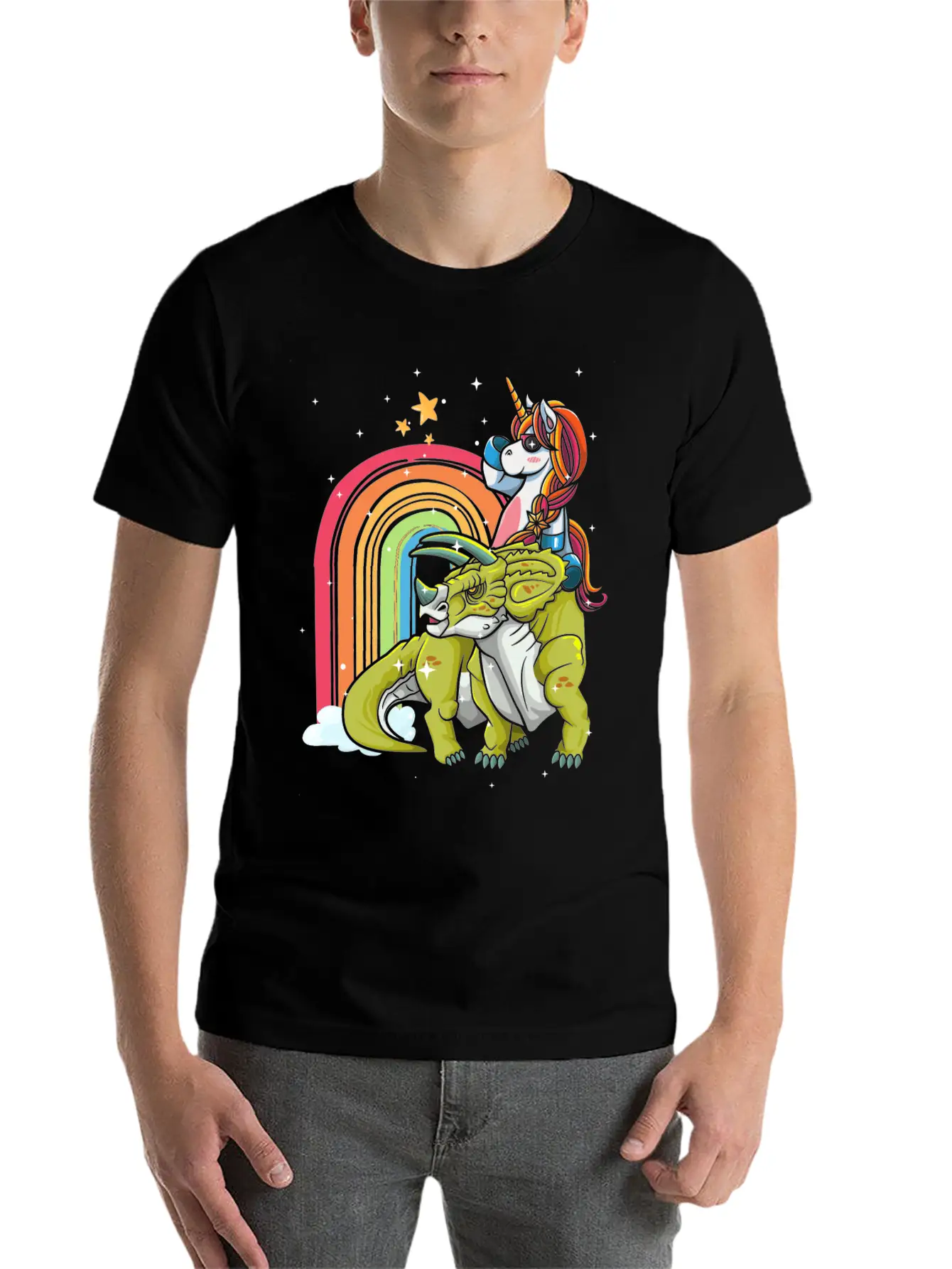 Dabbing Unicorn Riding T Rex Boys Girls Halloween Unisex Short Sleeve Soft Cotton T-Shirt – Casual Everyday Wear