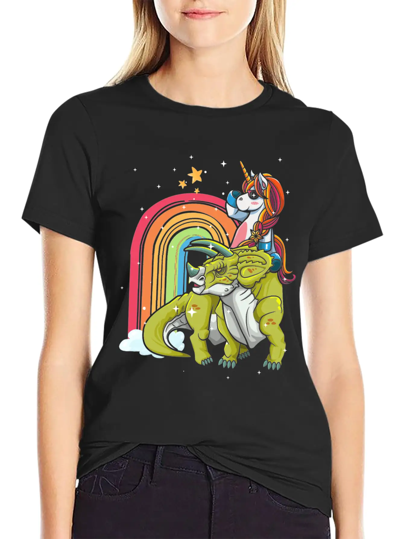 Dabbing Unicorn Riding T Rex Boys Girls Halloween Unisex Short Sleeve Soft Cotton T-Shirt – Casual Everyday Wear